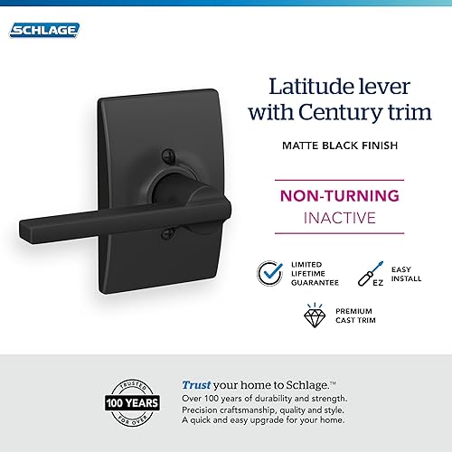 Miniatura 149 de Schlage Latitude F10 LAT 622 CEN Manija de paso con roseta Century, para pasillo y armario, negro mate Mate negro