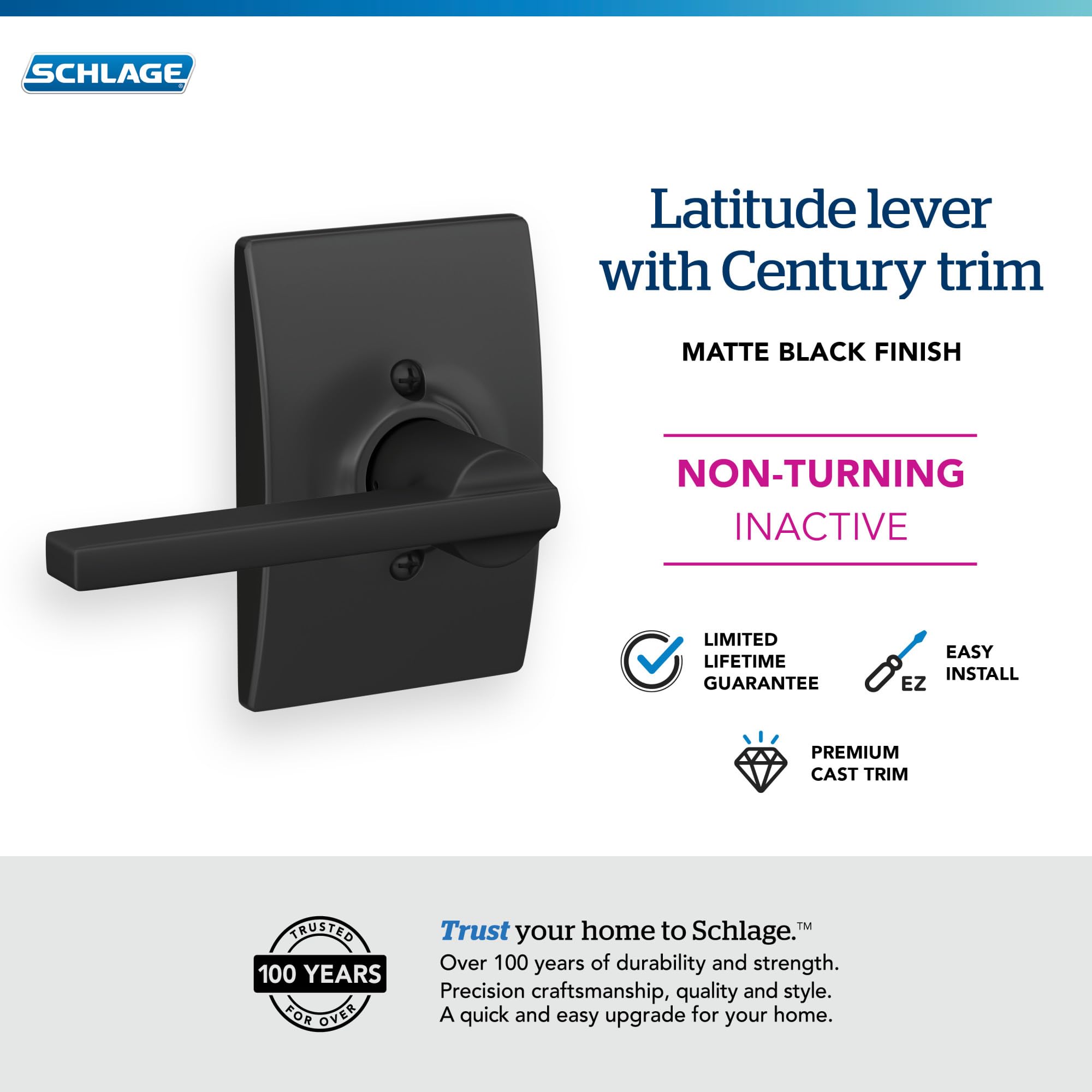 Schlage F170 LAT 622 CEN Century Collection Latitude Dummy Trim Lever, Matte Black, Standard - Image 3