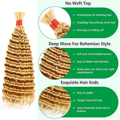 Miniatura 3 de Extensiones de cabello humano ondulado profundo, sin trama, para trenzar, cabello humano virgen sin procesar, para trenzar 24 pulgadas (3.53 oz 2