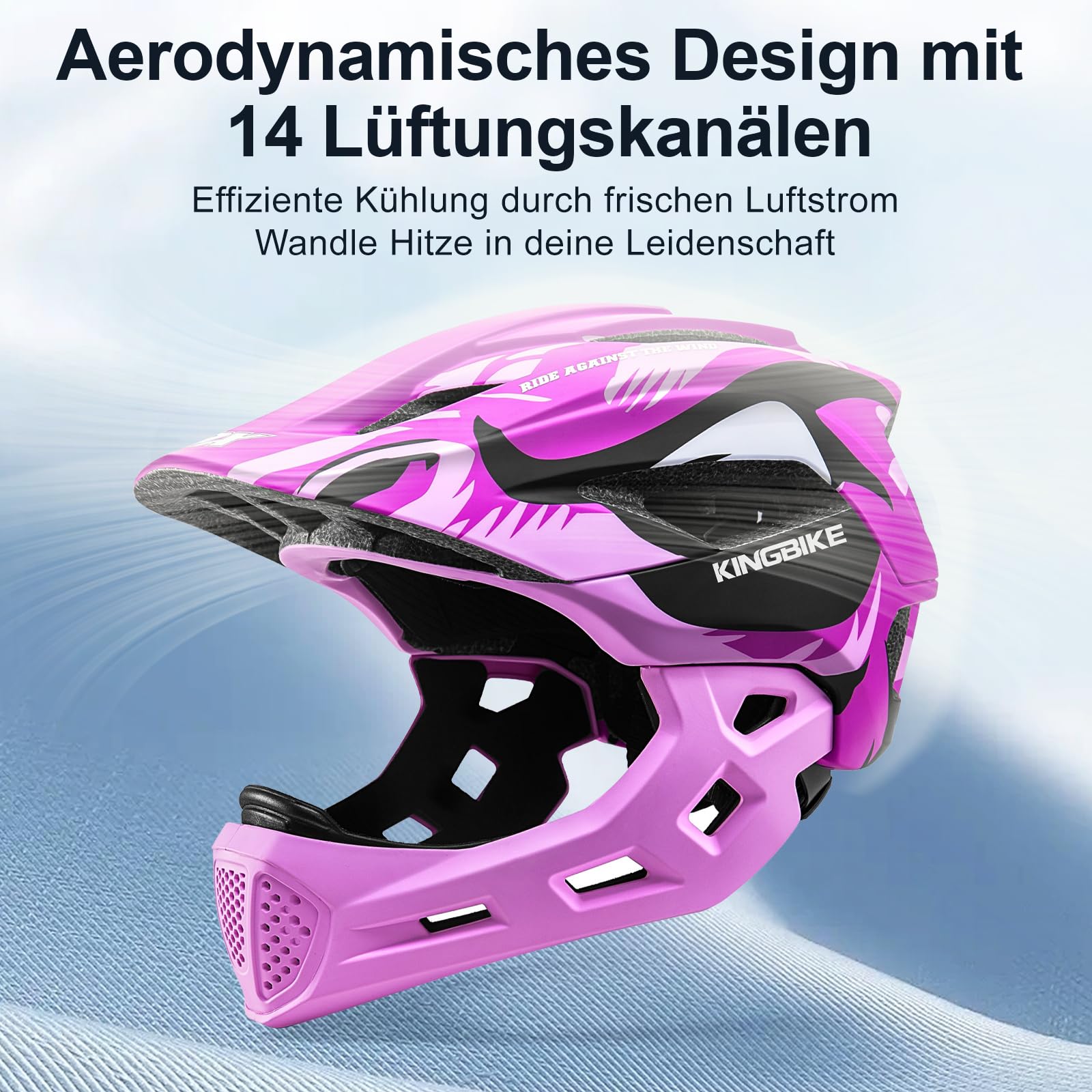 KINGBIKE Casque intégral pour enfant avec protège-menton amovible | Casque de vélo pour scooter, vélo et multisport, casque de protection à partir de 5 ans pour garçons et filles 51-55 cm