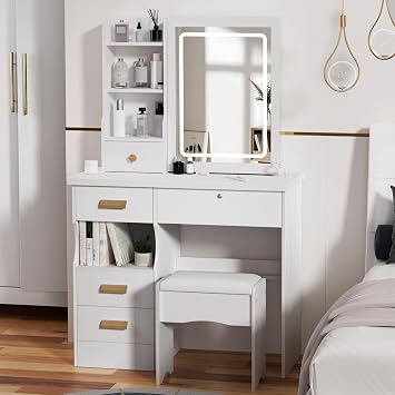 YOXIER Vanity Mirror with Lights,31.5" Vanity Desk with 3 Color Large Sliding Lighted Mirror, Makeup Vanity Desk with 5/6 Drawers,Vanity Mirror with Lights Desk & Chair for Bedroom Studio 5 Drawers