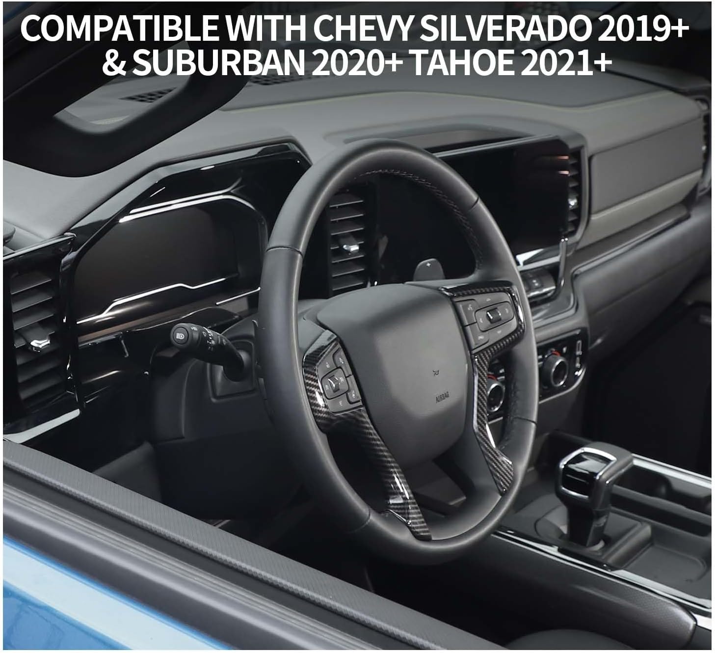 Voodonala for Chevy Silverado Steering Wheel Panel Cover ABS Antidust Carbon Fiber Black Style Steering Wheel Cover Trim Compatible with Chevy Silverado 2019+ (2Pcs/Set,Carbon Fiber Black)