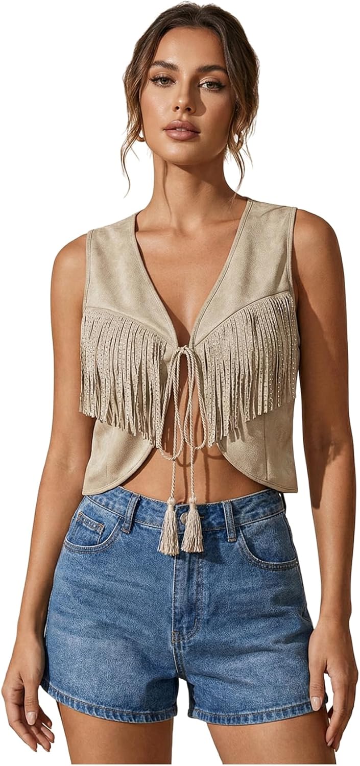 OYOANGLE Women's Studded Fringe Trim Tie Front Vest Top Boho Outfits 70s Hippie Western Cowgirl Sleeveless Jacket Outerwear