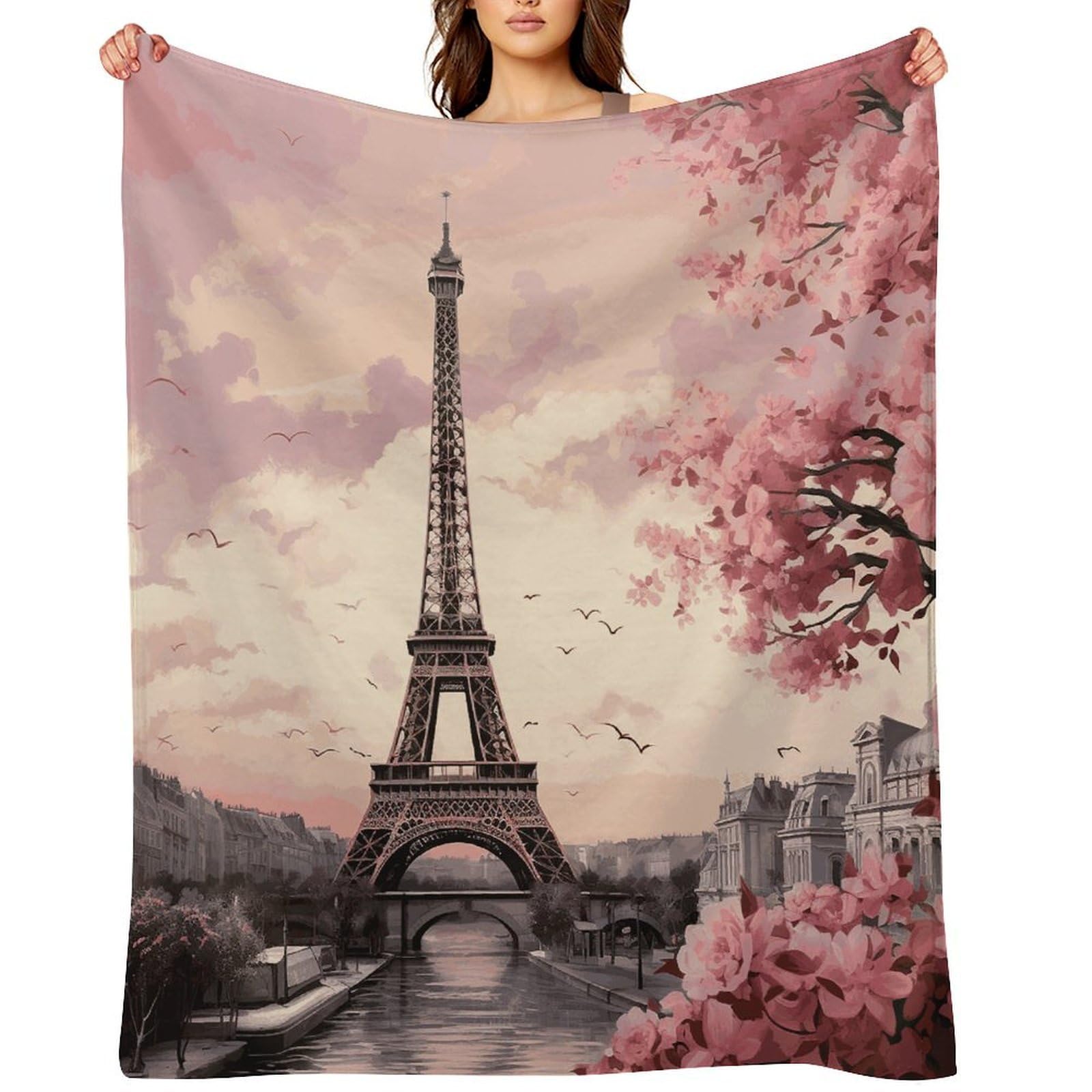 Flannel Fleece Throw Blanket - 50"x60" Super Soft Plush,Lightweight Wrinkle Resistant Cozy Romantic Paris Tower Blanket for Couch Sofa Bed Travel Camping and Gift