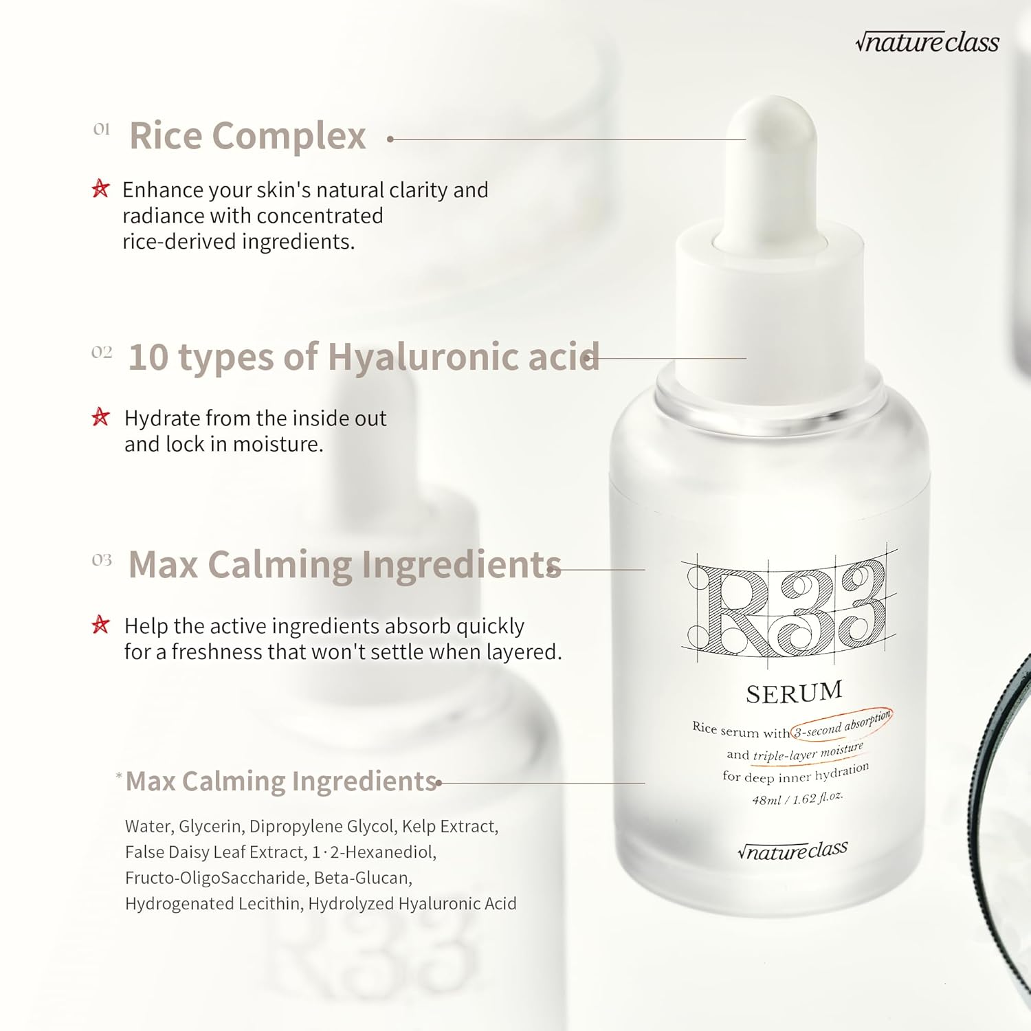 R33 Hydrating Serum for Face with 10-Type Hyaluronic Acid, Niacinamide, Vitamin B5, Rice Extract, Barrier Support, Fragrance Free, Korean Skin Care, 1.69 fl oz - Image 5