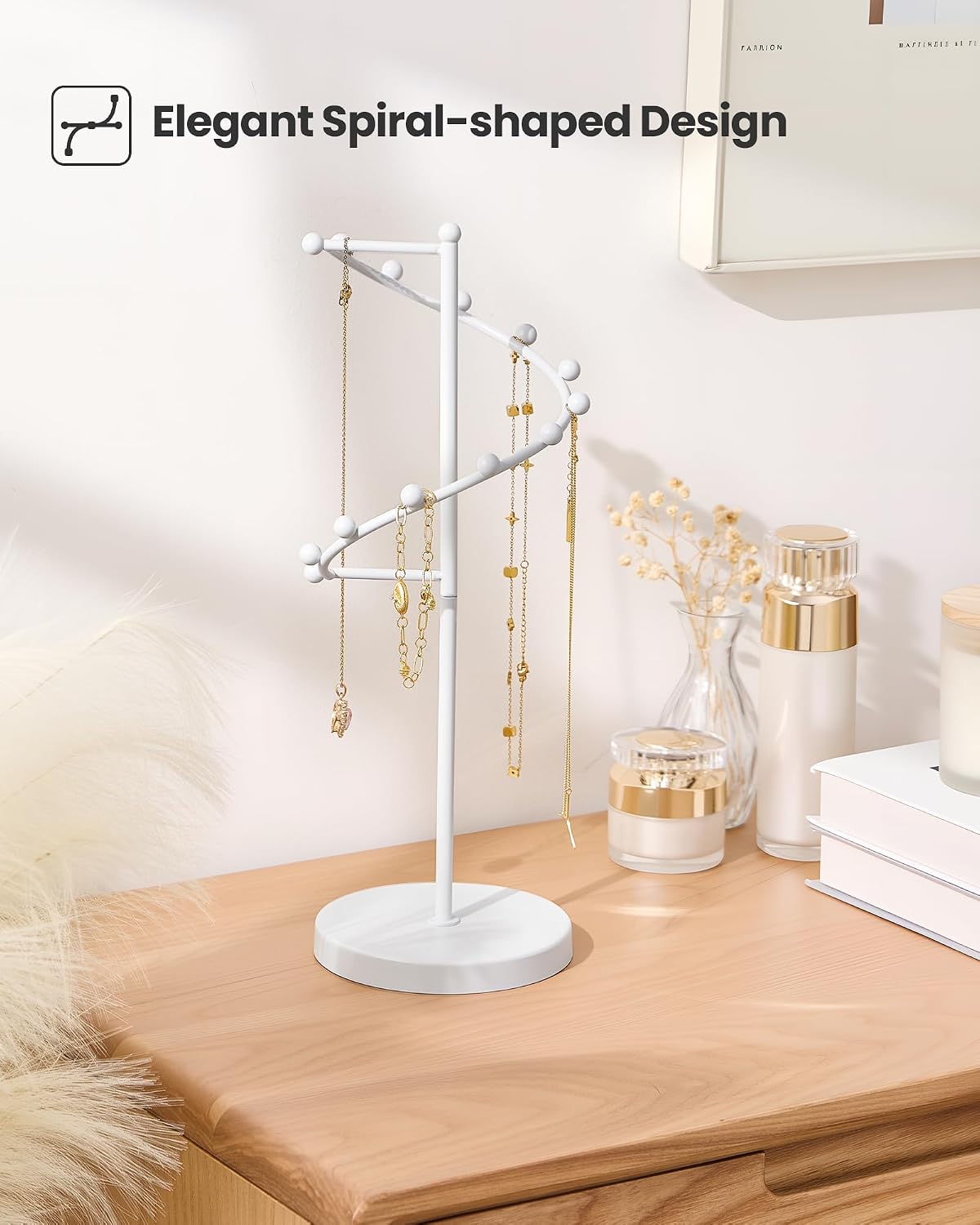 Lolalet Necklace Stand with 11 Hooks, Helix-shaped Jewelry Organizer Metal Rack Long Necklaces Hanging Display Holder Round Base Antique Jewelry Bracelets for Girls Women Wife -White