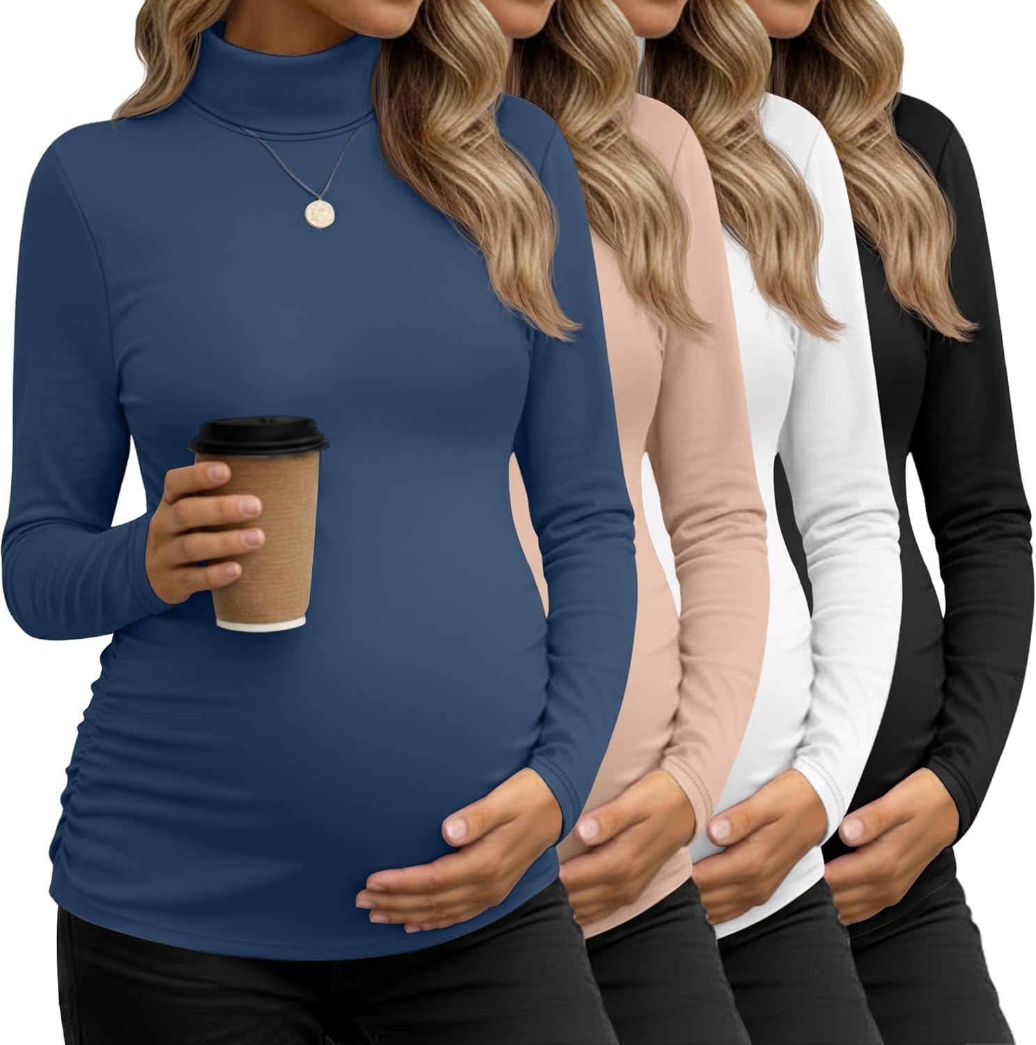 4 Pack Women's Maternity Shirts, Turtleneck Long Sleeve Pregnancy Tee Tops Side Ruched Mock Neck Maternity Clothes