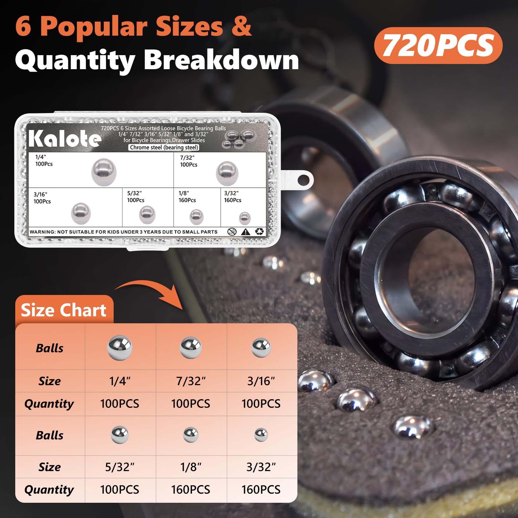 720 Pcs Ball Bearings Kit - Chrome Steel for Bikes -2 720 Pcs Ball Bearings Kit - Chrome Steel for Bikes -2