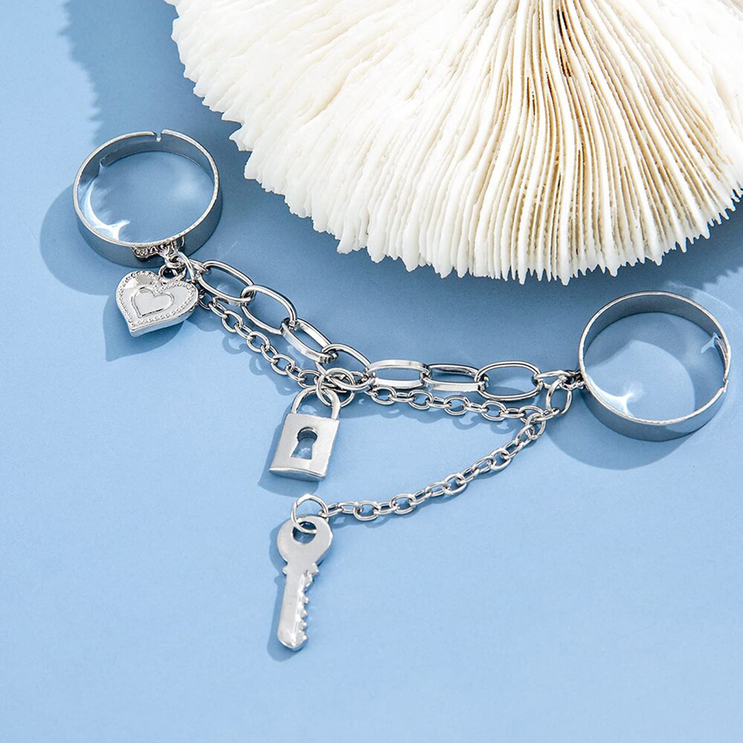 Gold-Toned Lock-Key Chain Rings Set