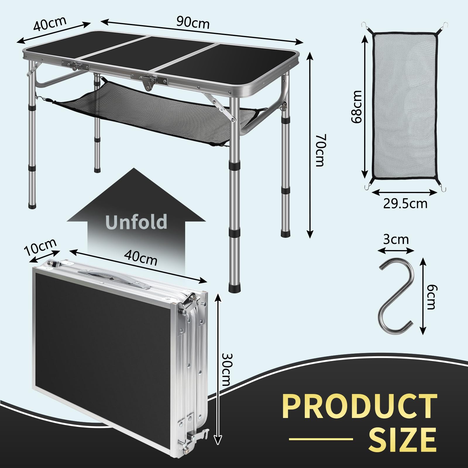 CPROSP Mesa de Camping Plegable Portátil 90 * 40cm, Negro de Picnic Al Aire Libre, Altura Ajustable 26-70 cm, con Red de Almacenamiento, Bolsa de Transporte Incluida Mesa de Aluminio MDF 4 Personas