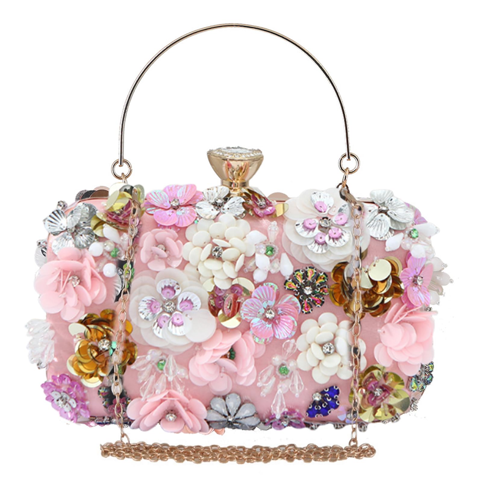 Damen Clutch Tasche Blumen Abendtasche Hochzeit Bag Elegante Kette Shiny Strass Handtasche Schultertasche Umhängetasche für Hochzeit Abschlussball Bankett-Party Rosa
