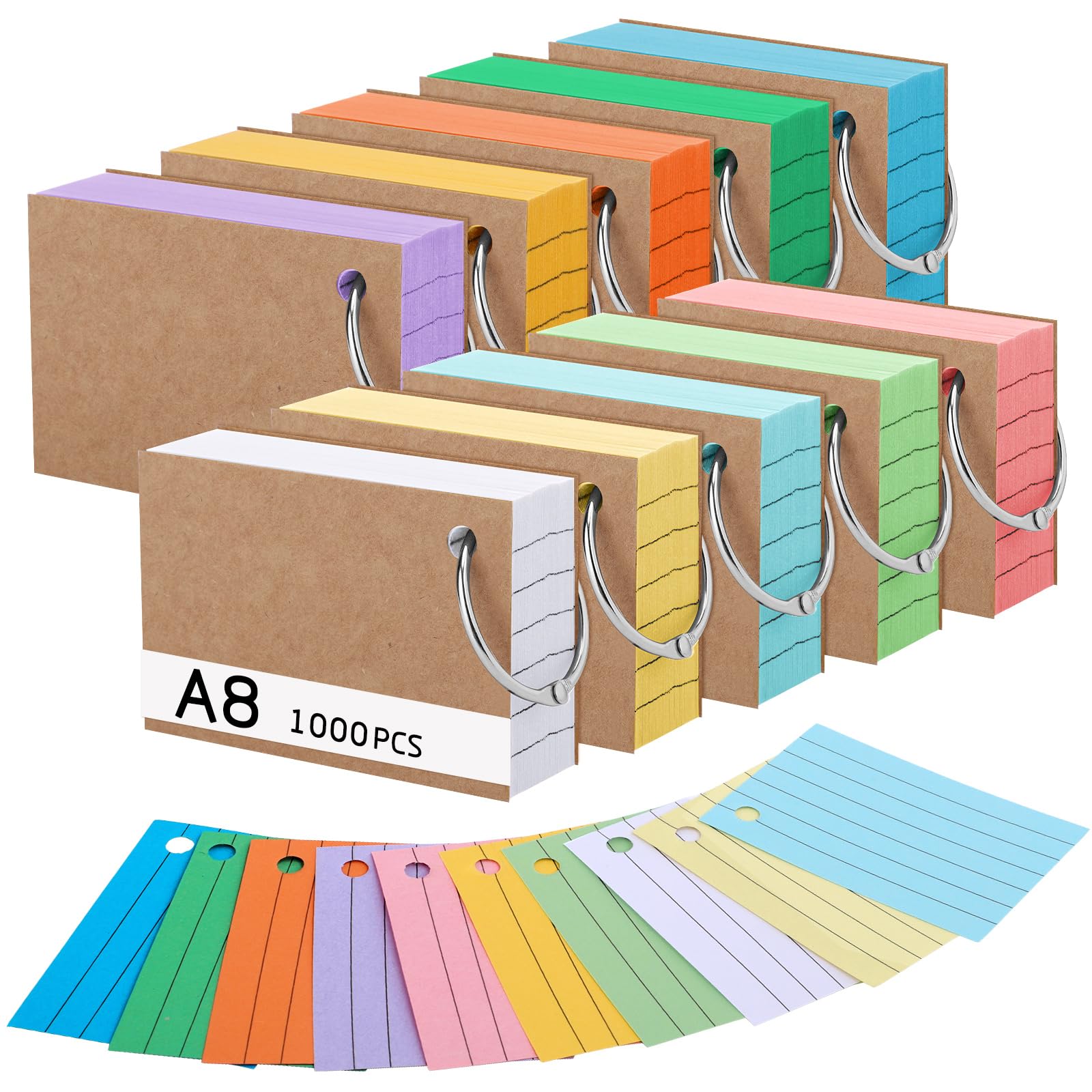 1000 Stücke Karteikarten, A8 Linierte Lernkarten mit Krafteinband und Loseblattring, 150g/m² Lernkarten in 10 Farben für Vokabel Lernen, Schule, Büro, Zuhause(7.4 x 5.2 cm)
