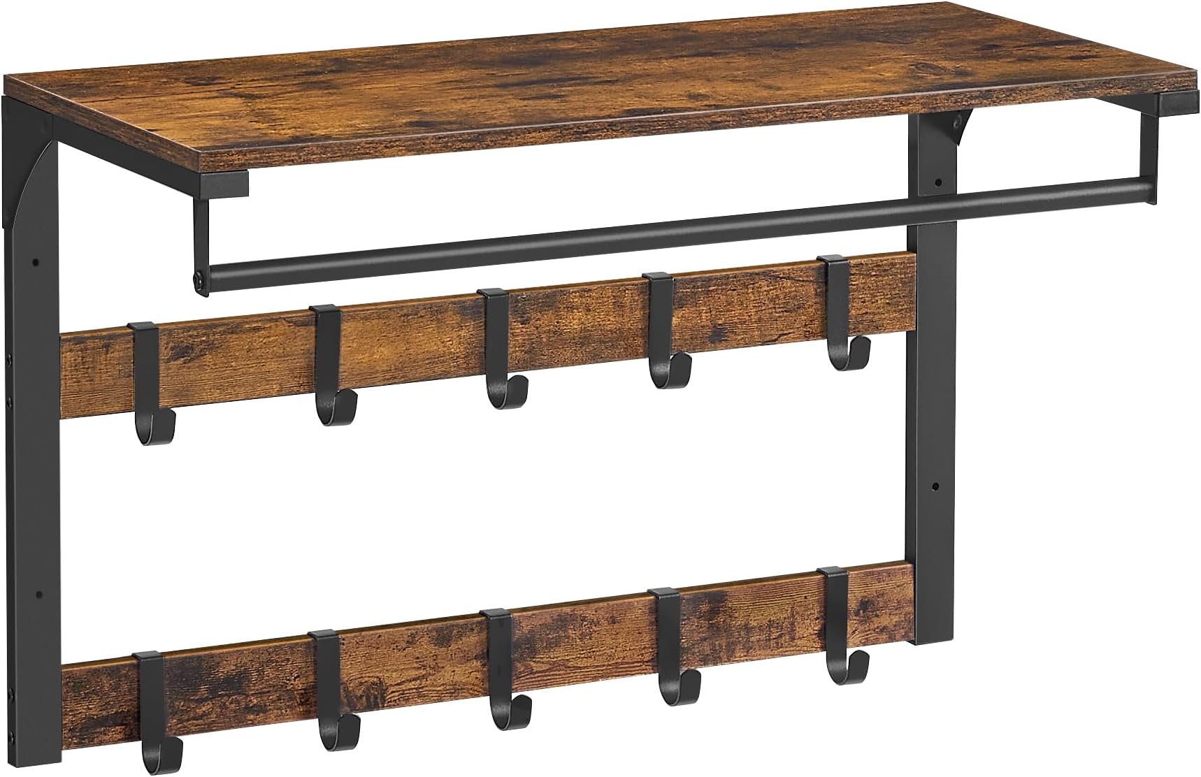 VASAGLE Wall-Mounted Coat Rack, Wall Shelf with 10 Removable Hooks, Clothes Rail, Coat Hooks with Shelf, for Entryway, Bedroom, Bathroom, Rustic Brown and Black LCR101B01