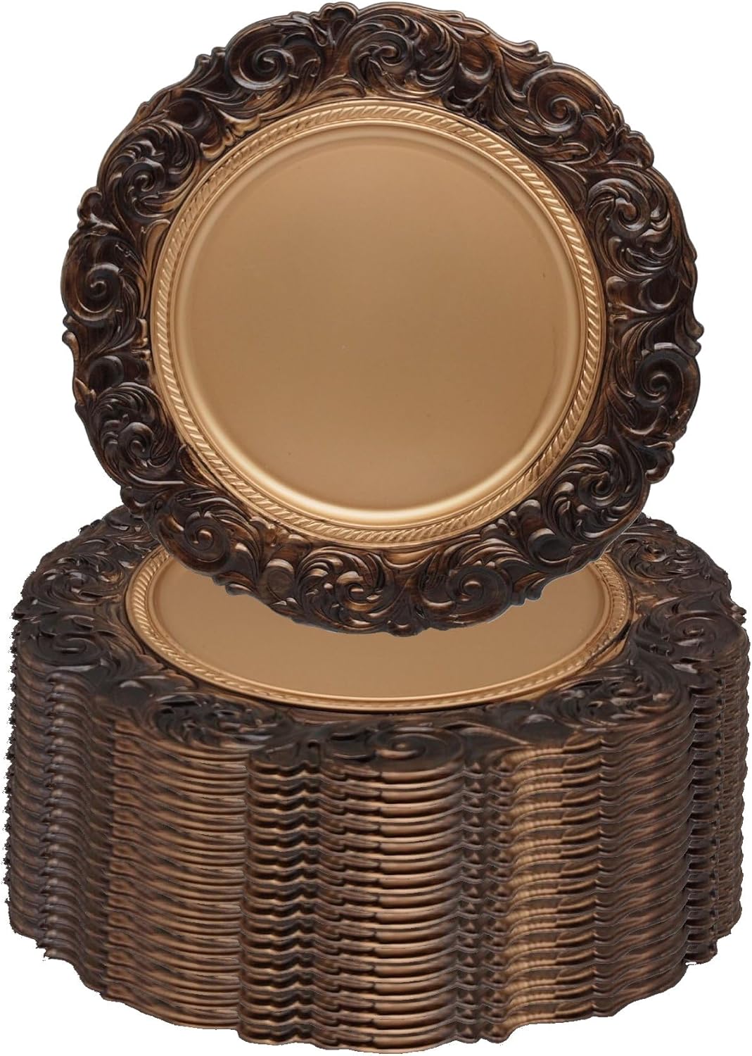 Xiangjin 12-piece antique-style round charging plates, plastic dinner decorative plates with embossed floral design, suitable for wedding, birthday party, and other event table decorations