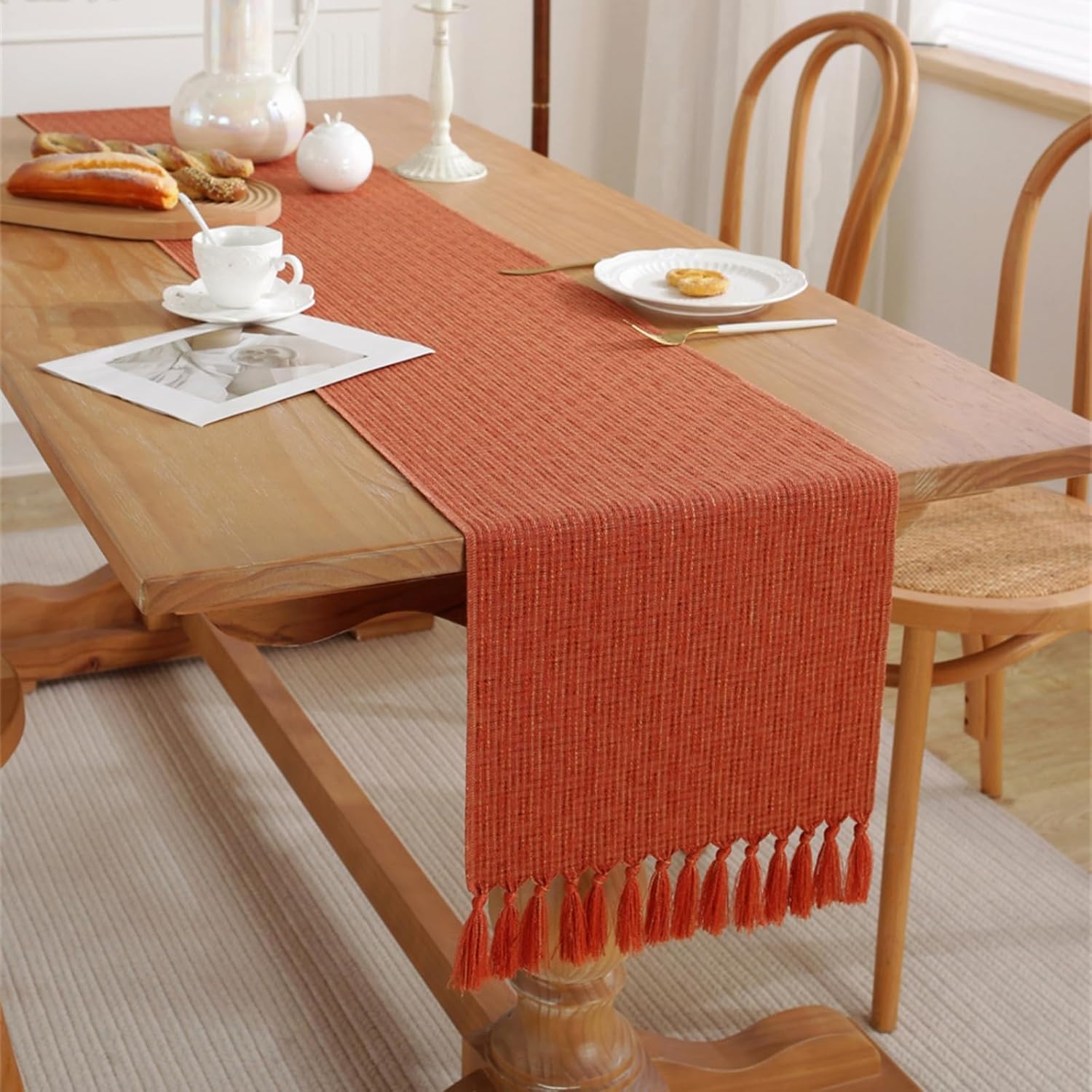 13x90inch Tassel Bohemian Vintage Rustic Farmhouse Table Runner 90inches Long Dresser Scarf for Dining Kitchen Christmas Birthday Party, Orange