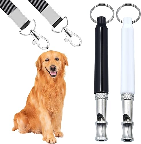 FAFAAWFF 2 silbatos para perros con cordón, silbato de perro para dejar de ladrar, silbato ultrasónico de frecuencia ajustable, silbato de