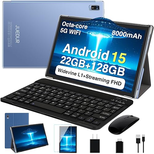 2025 Android 15 Tablet, 10 Inch Octa-Core Tablets 22GB+128GB+1TB Expand, 2-in-1 Electronic Tablet with Keyboard Mouse, 8000mAh Battery, HD IPS Display, GPS,Widevine L1, Split Screen, Metal Body -Blue