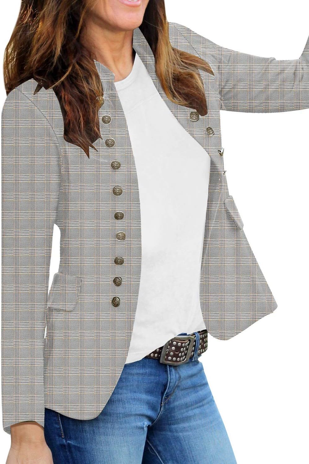 RoskikyWomen Casual Solid Jacket Suit Open Front Stand Neck Buttons Work Blazer