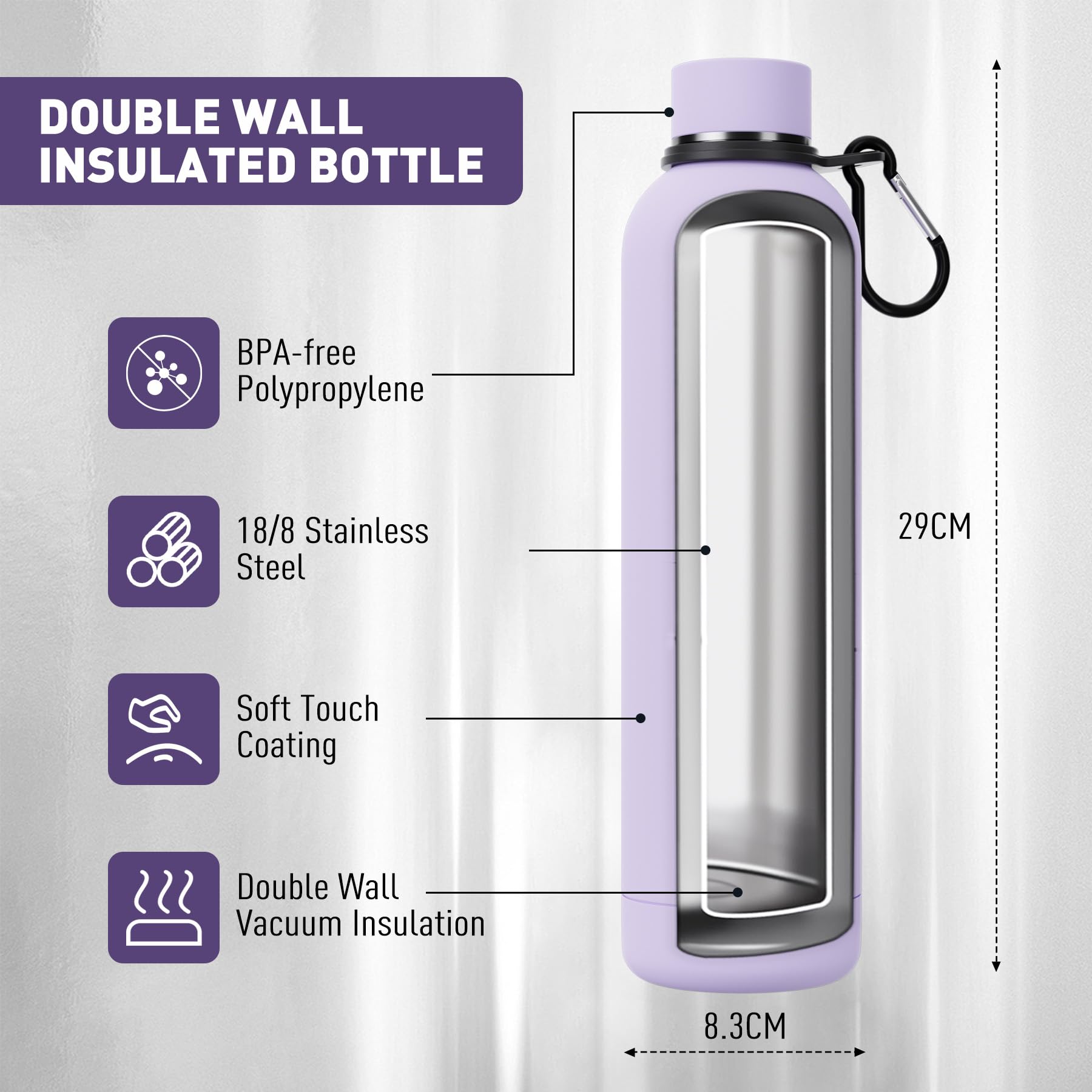 Exllena Insulated Water Bottles 1l with Clip, Double Wall Vacuum Drinks Bottle Keeps Drinks Cold 24 Hrs/Hot 12 Hrs - Image 3