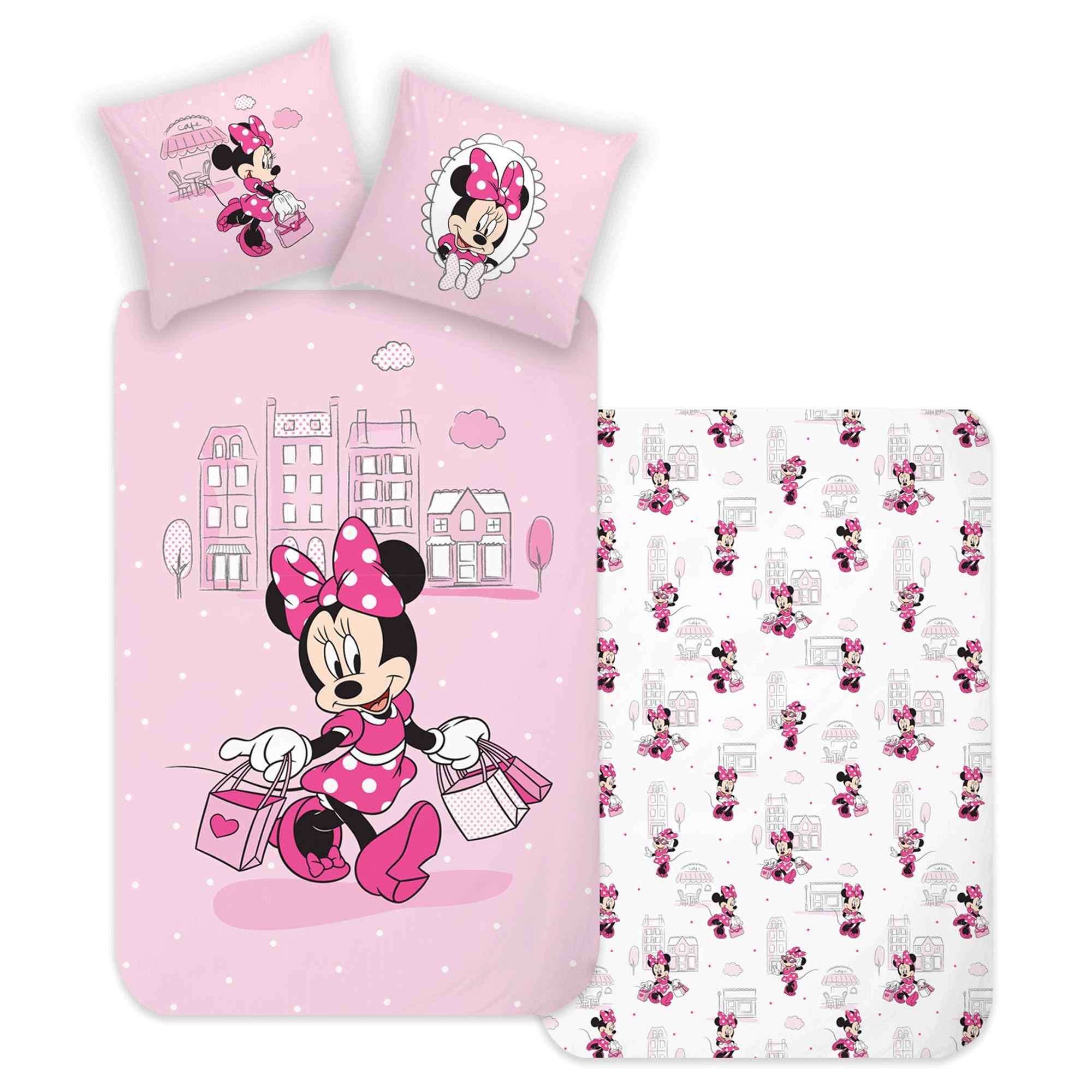 Minnie Mouse Bettwäsche Shopping 135 x 200 cm + 80 x 80 cm 100% Baumwolle in Renforcé-Linon-Qualität mit YKK-Reißverschluss Minnie Maus Disney Mickey Daisy Donald Goofy Sweet Love Deutsche Größe