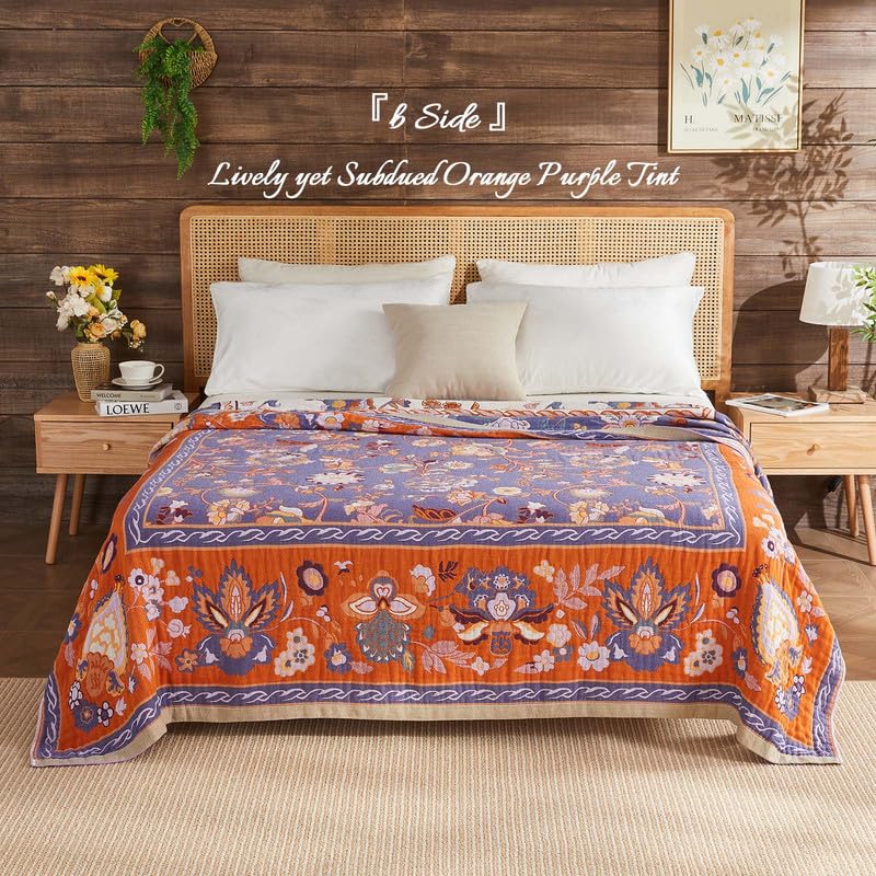 Image of Boho Throw Blanket Cotton Muslin Woven Flower Decorative Blankets 80 inchx90 inch