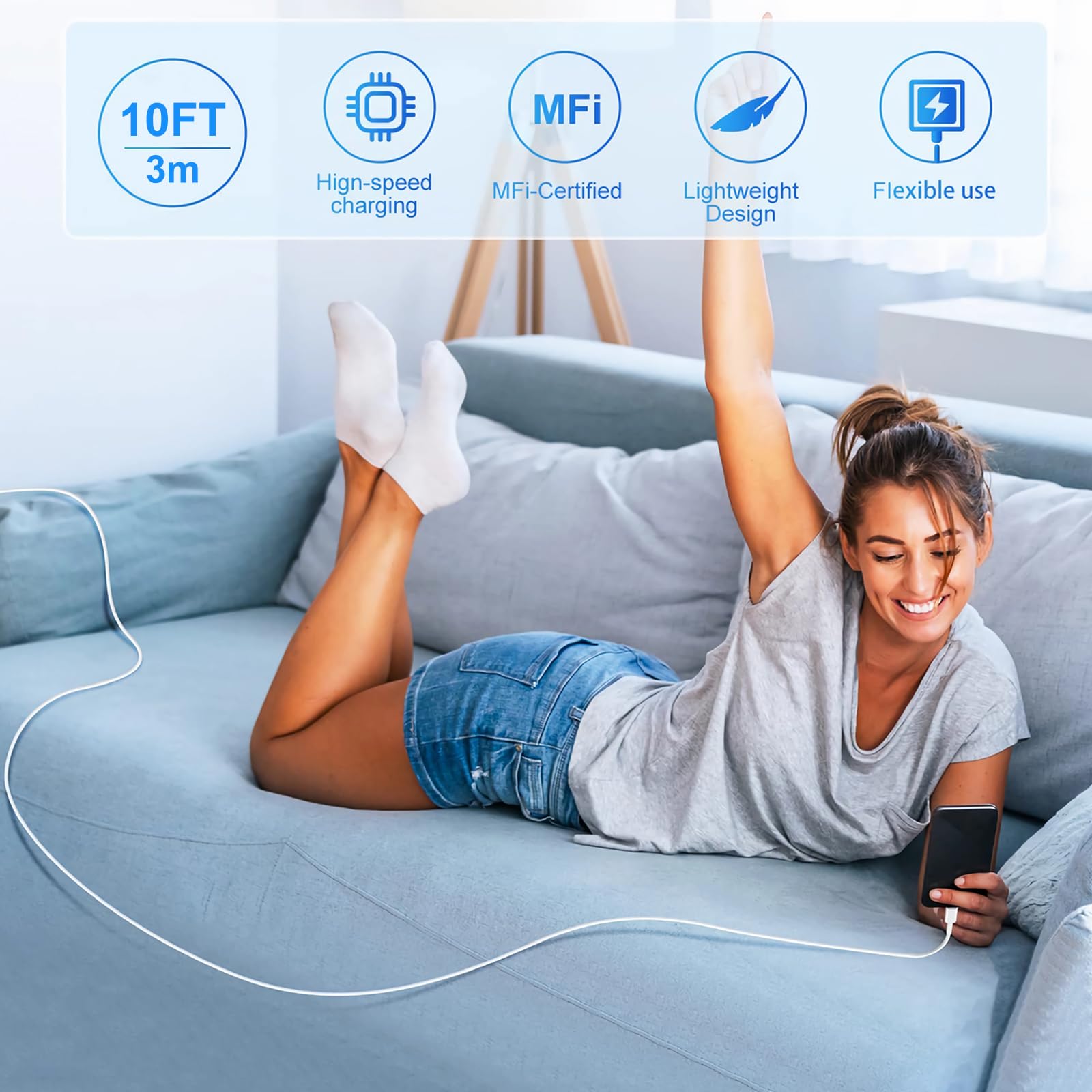 Cargador de pared USB C, [certificado Apple MFi] Cargador de iPhone de 10 pies de doble puerto de 20 W PD+QC3.0 adaptador de corriente de carga rápida con cable USB C a Lightning de 10 pies para