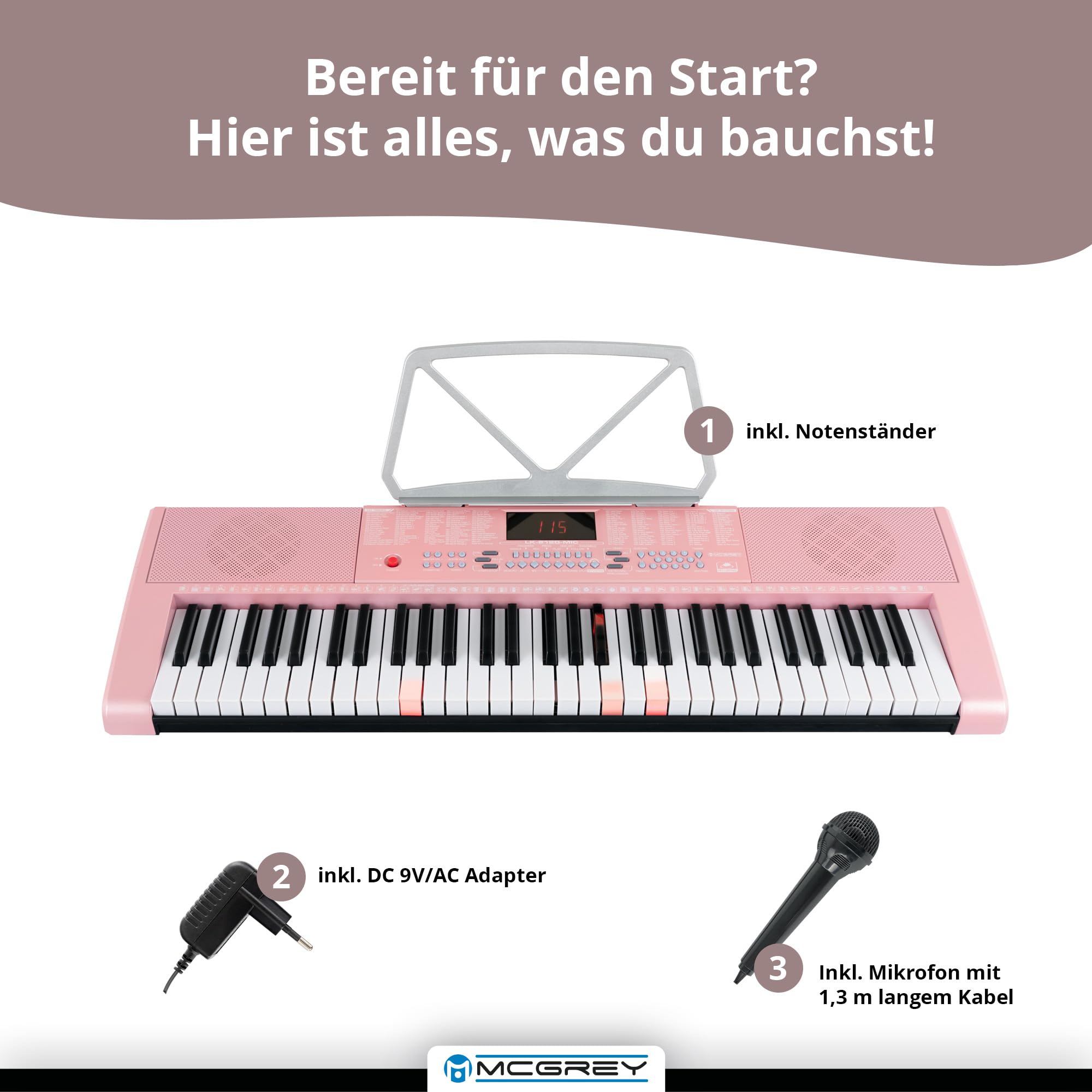 McGrey LK-6120-MIC Keyboard Set - Einsteiger-Keyboard mit 61 Leuchttasten - 255 Sounds und 255 Rhythmen - 50 Demo Songs - Inklusive Mikrofon - Spar-Set inkl. X-Keyboardständer und Kopfhörer - Pink