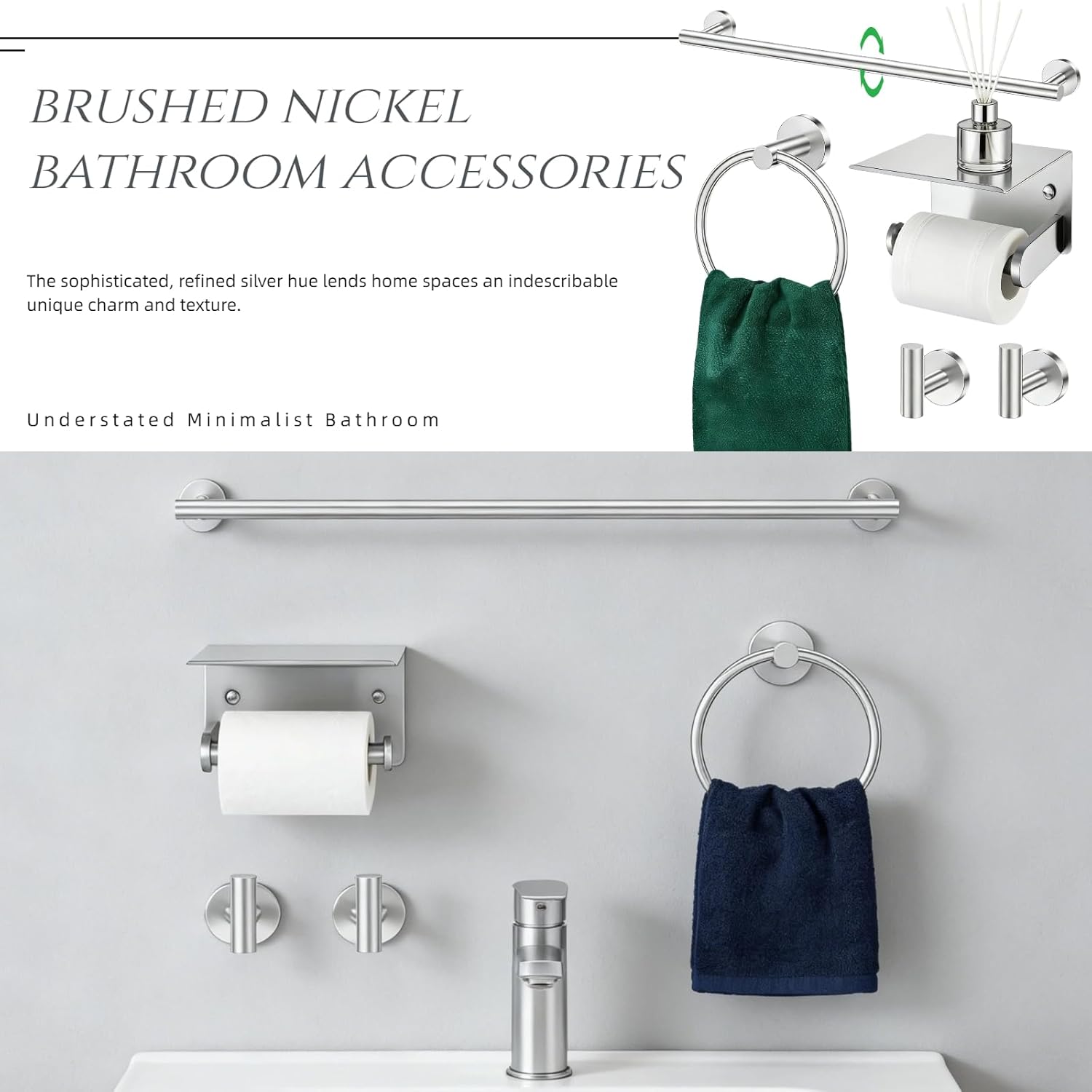 5Pcs Bathroom Hardware Accessories, 24 Inch Brushed Nickel Bath Towel Bar Set, Toilet Paper Holder and Towel Ring, Stainless Steel Wall Mounted Towel Rack Set, Center Section Removable