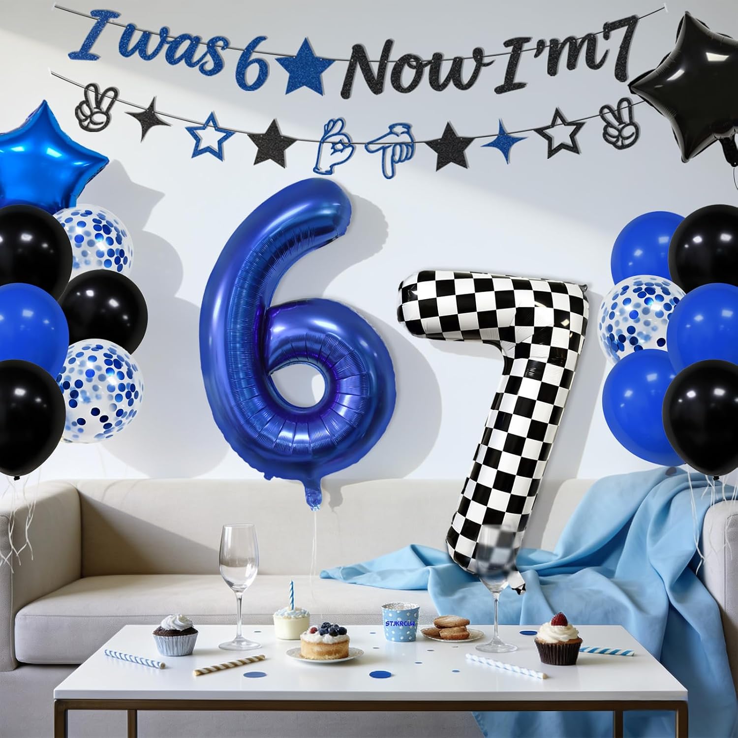 6 7 Birthday Decorations Six Seven Theme Birthday Party Decor Happy Birthday Decoration Funny 6 7 Meme Party Supply with I was 6 Now I'm 7 Banner 6 7 Balloon Blue Black and Checkered Balloons