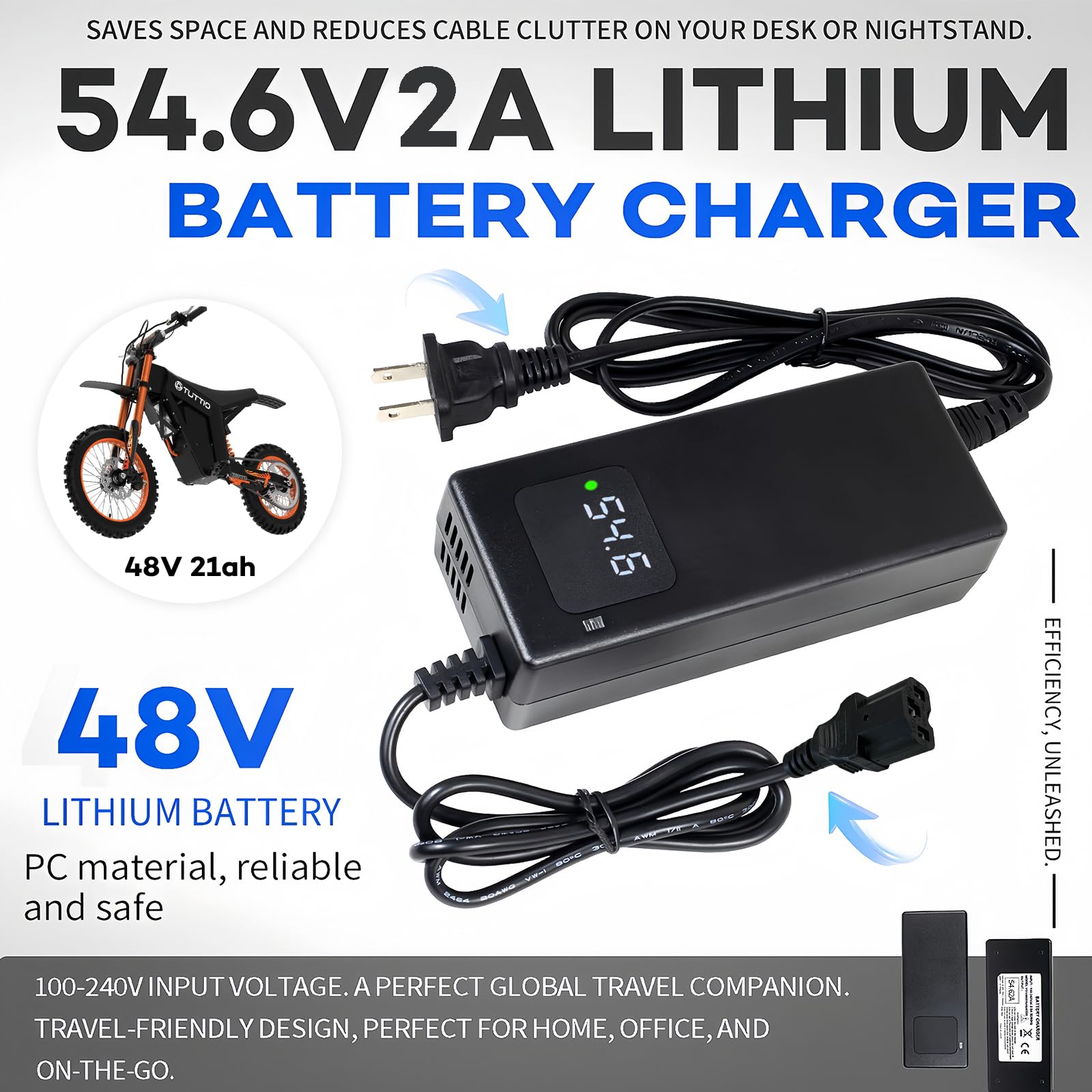 Chargeur de batterie au lithium 54,6 V 2 A pour batterie au lithium tuttio soleil01 48 V 21 Ah, chargeur intelligent avec écran pour éviter la surcharge