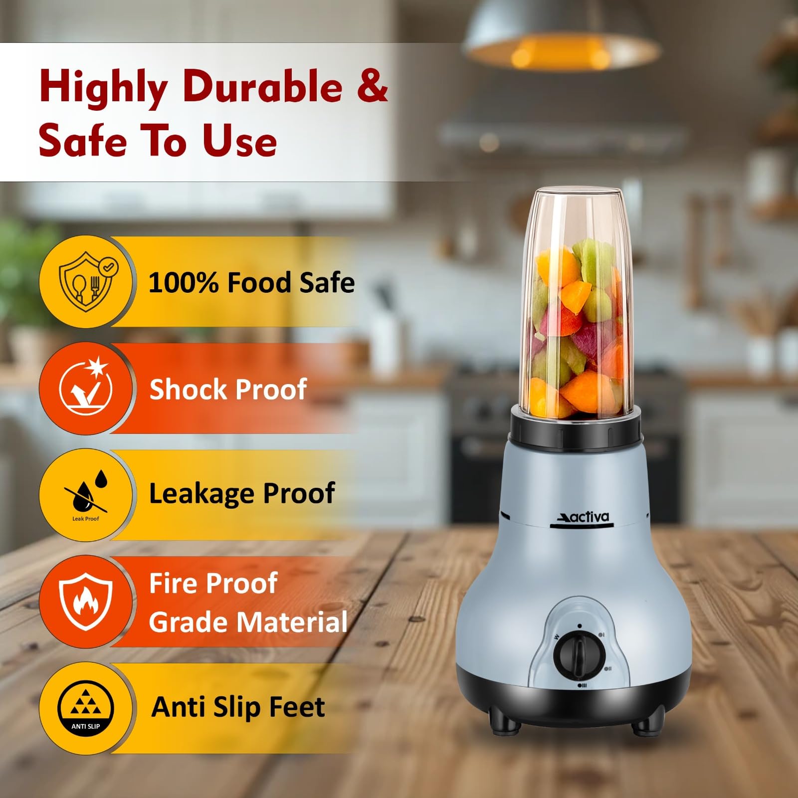 ACTIVA Mixer Grinder 4 Jar Easy Mix Nutri 500 Watt 22000 RPM Motor Speed For Smoothies, Chutney & Shakes, Long Lasting Shock Proof Abs Body, Powerful Heavy Duty Motor Grey 4