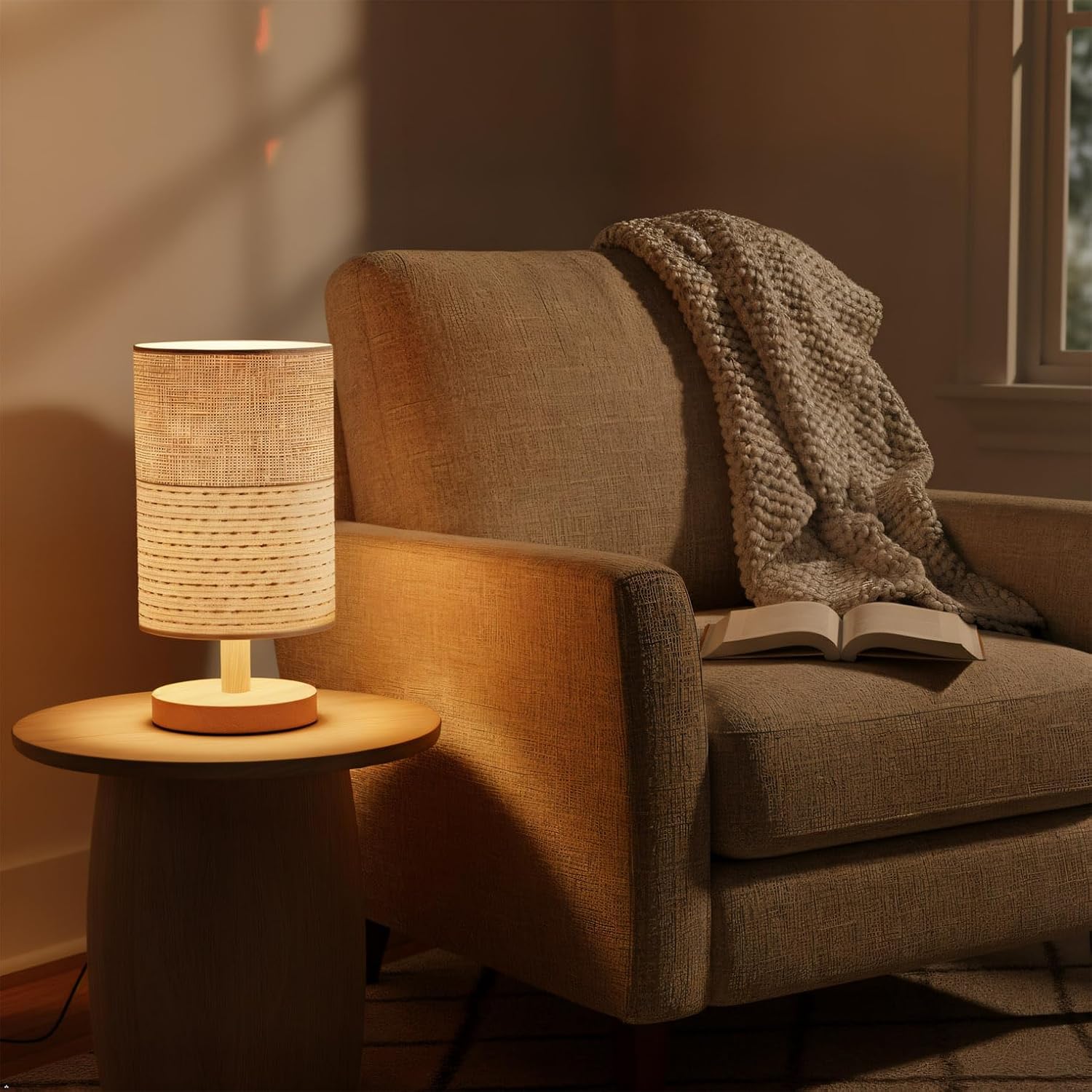 AFORTLO Table Desk Lamp, Small Fabric Boho Decorative Nightstand Night Light Solid Wood Base Lamp for Bedroom,Living Room,End Table or Office with Bulb (Brown Knit Fabric)