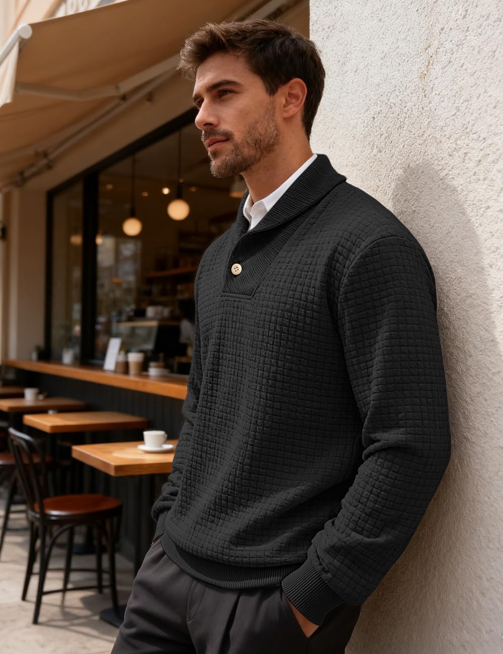 Men's Shawl Collar Sweaters Long Sleeve Button Turtleneck Sweater Textured Waffle Pullover - Image 4