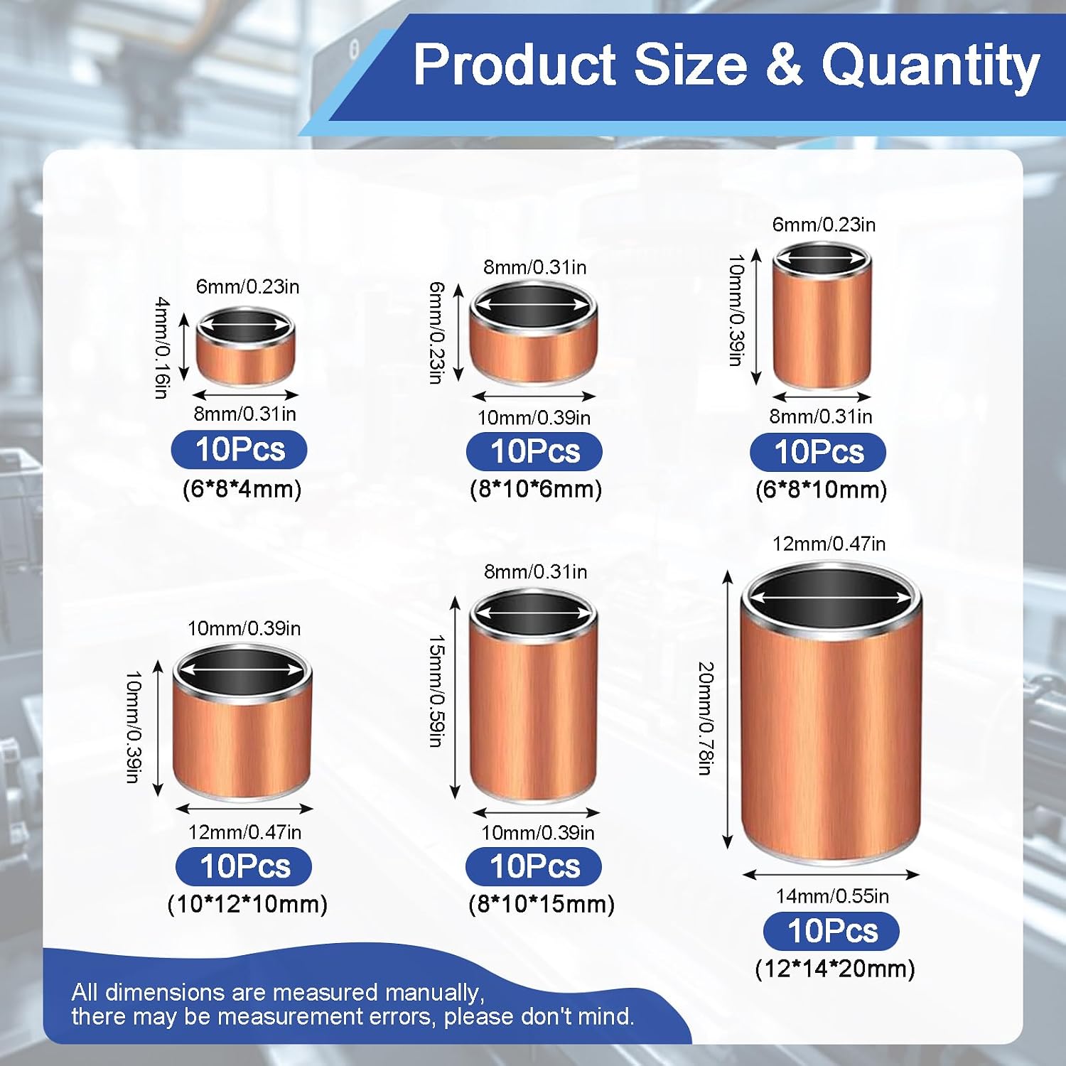 Bronze Sleeve Bearing Kit 60Pcs 6 Sizes Self-Lubricating Bushings Set | Sintered Bronze Plain Bearings with 6x8x4mm 6x8x10mm 8x10x6mm 8x10x15mm 10x12x10mm 12x14x20mm, for Repair, Machinery, DIY