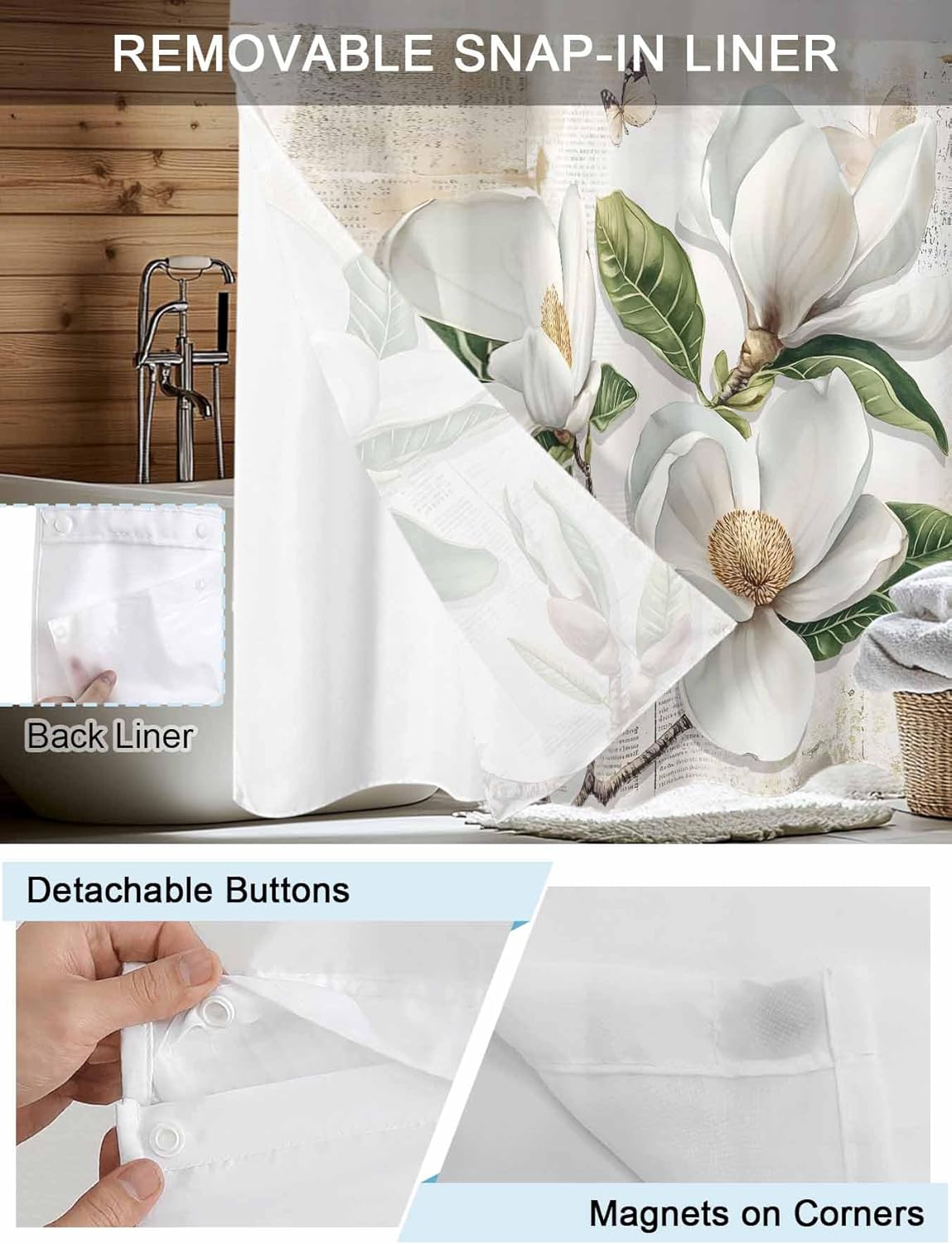 Watercolor Magnolia Floral No Hook Shower Curtain with Snap in Liner Set,Vintage Farmhouse Flower Butterfly Waterproof Fabric Shower Curtains with See Through Top Window for Bathroom,60Wx72L