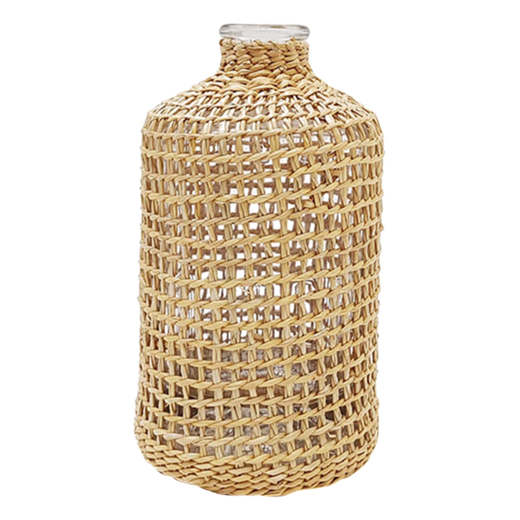 Vase en verre et paille tressée YARNOW, pot décoratif rustique pour bureau