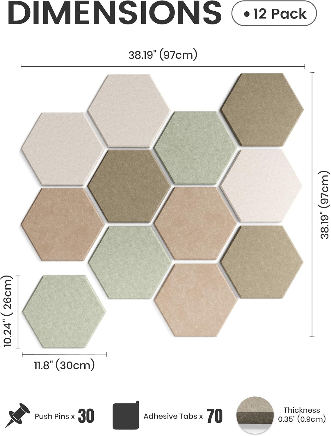 Fluxynara Hexagon Cork Board Alternative for Walls Decor-12-Pack Felt Bulletin Board Tiles,with 30 Pushpins,70 Adhesive Tabs for Office,Classrooms & Home Pin Board Felt Board-Linen Dusk