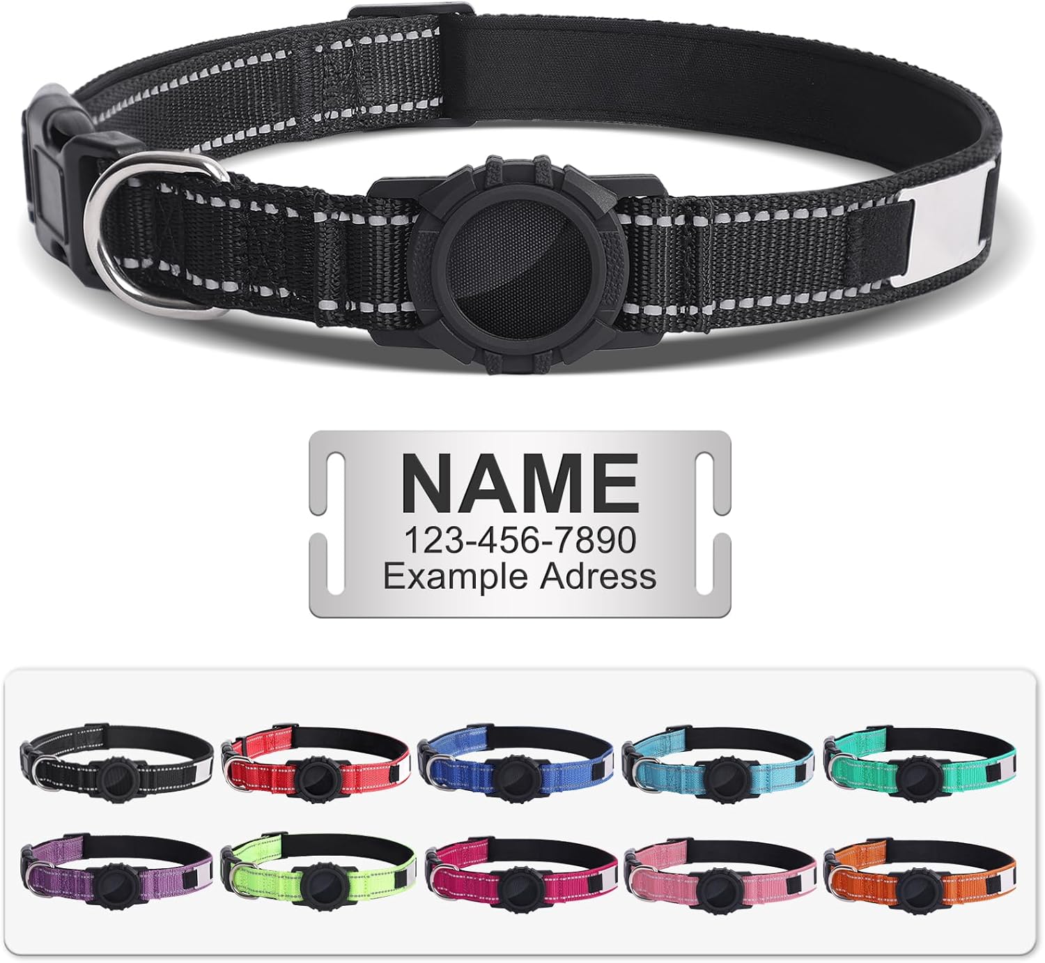 Personalized AirTag Dog Collar with Name Plate, Custom Engraved with Pet Name, Phone Number and Address, Waterproof, Reflective, Durable, Breathable, Adjustable, 10 Colors, Fits Small to Large Dogs