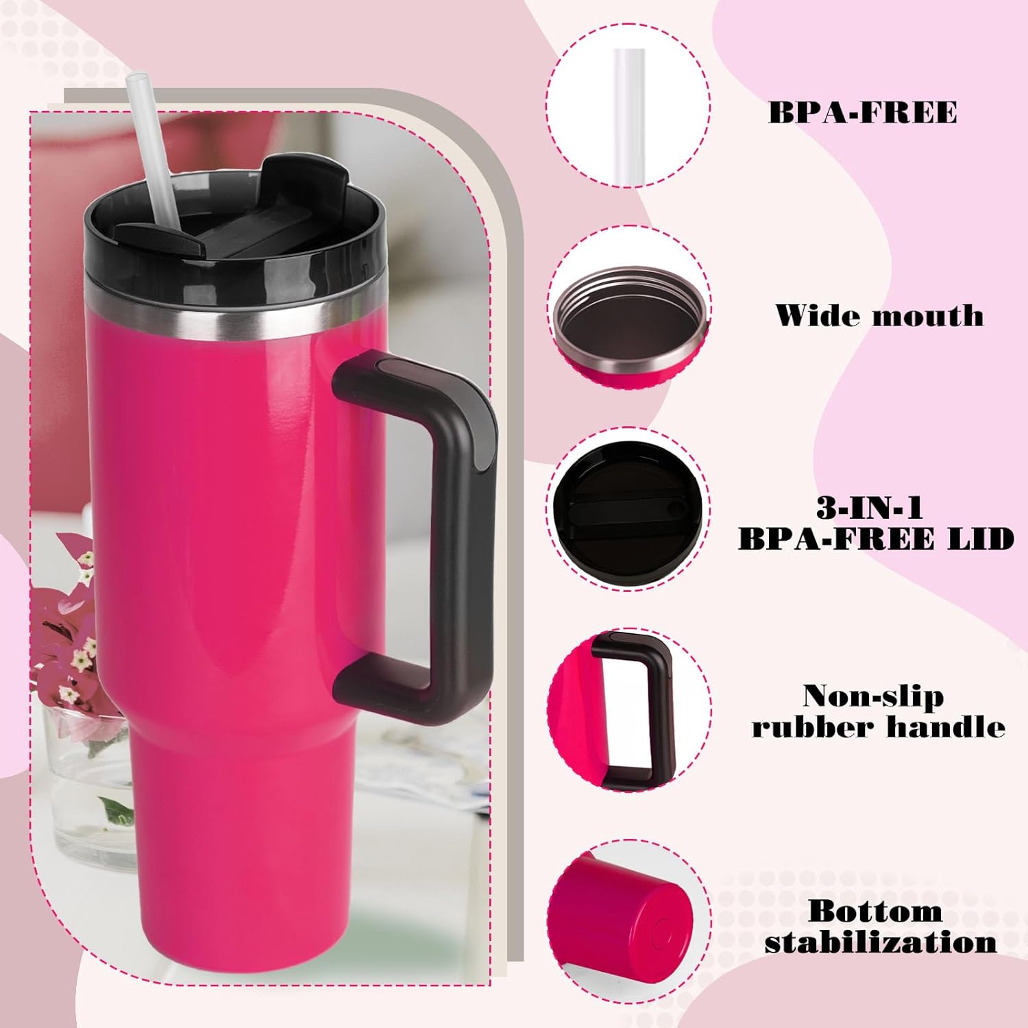 Insulated 40oz Sublimation Tumbler with Handle&Straw &Lid - Cupholder Friendly Travel Mug - Insulated Stainless Steel Double Wall Spill Proof Water Bottle - Gifts for Women Men Him Her (pink) - Image 3