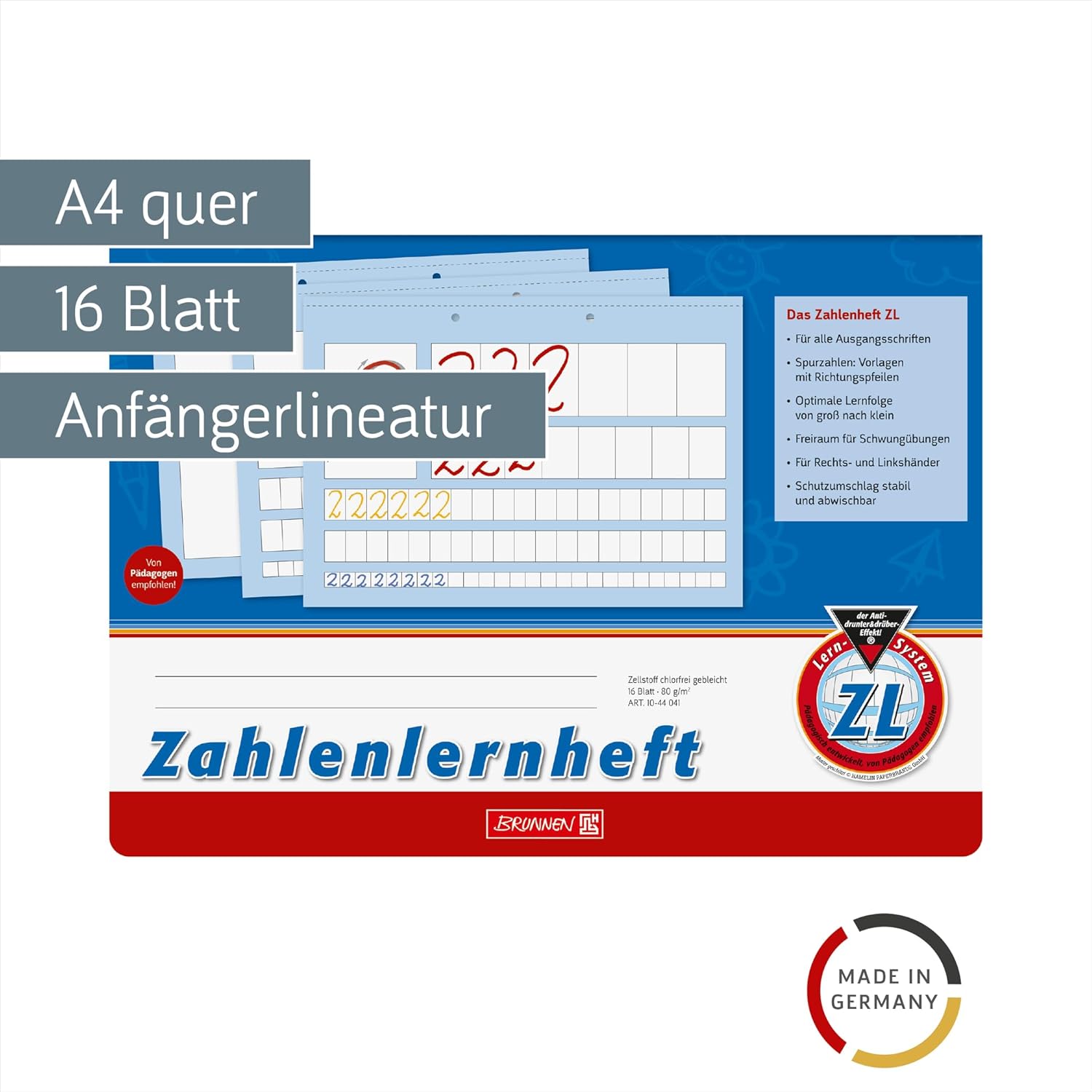 Brunnen 1044041 Number Learning Book ZL A4 Landscape 16 Sheets Line Style ZL)
