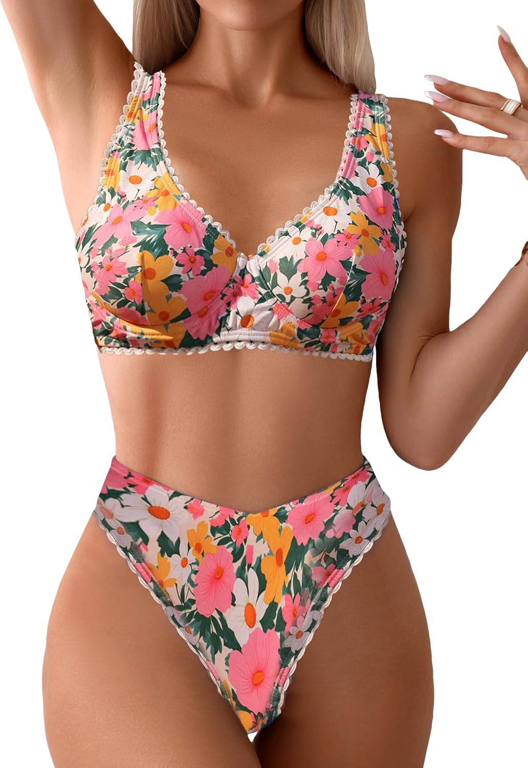 MakeMeChic Women's 2 Piece Bikini Set Frill Trim Floral Print Sleeveless Boho Swimsuit Beach Outfit Medium Multicolor