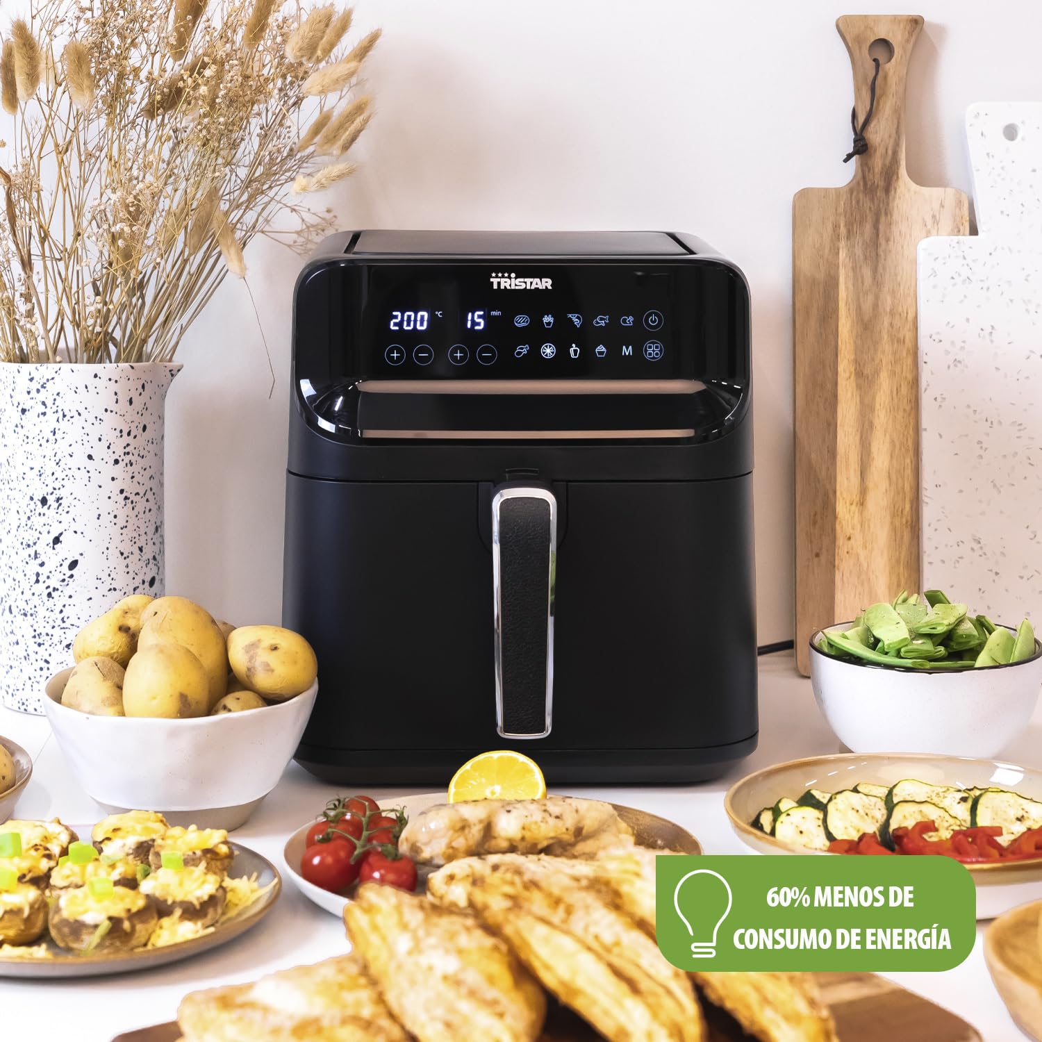Tristar Freidora sin Aceite 6 L Digital, Airfryer para 1,5 kg Patatas, 9 Programas, Pantalla LED Táctil, Hasta 70% Ahorro Energético, 1350 W, Negro Mate, FR-9025