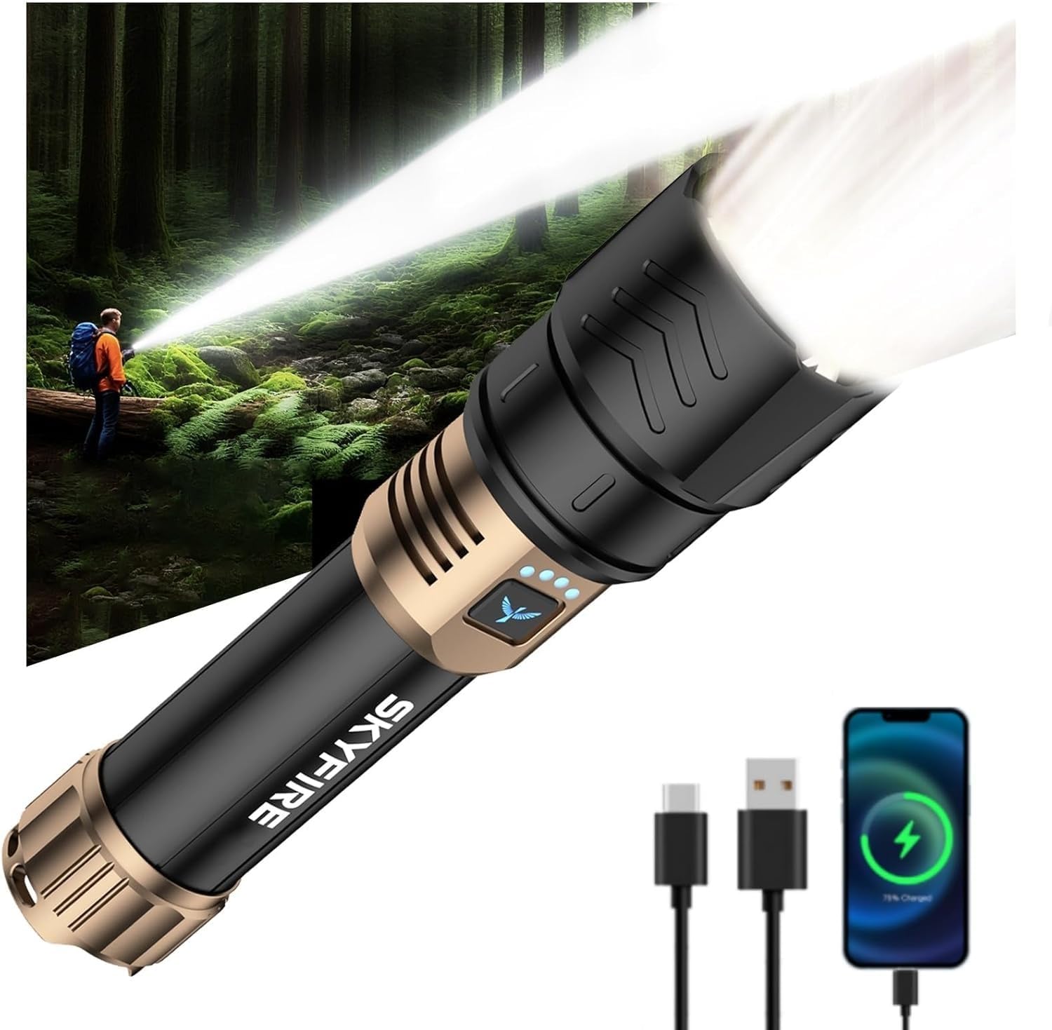 SKYFIRE Rechargeable Flashlight High Lumens,3000lm Super Bright Flashlight,Zoomable,4 Modes,Waterproof LED Flash Light for Camping Essentials,Outdoor and Home Emergencies