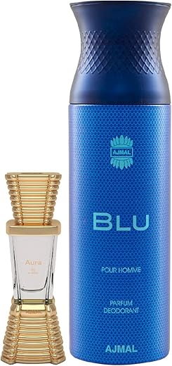 Ajmal Aura Concentrated Perfume Oil Floral Fruity Alcohol-free Attar 10ml for Unisex and Blu Homme Deodorant Aquatic Woody Fragrance 200ml for Men FREE