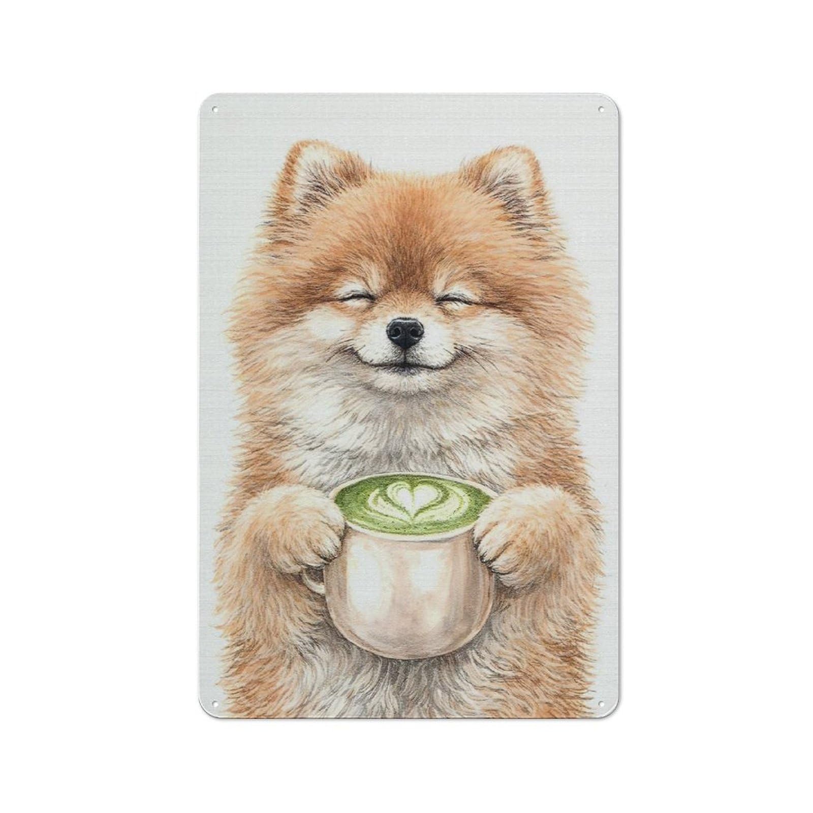 Junmoney Style-7 Garage Style Metal Wall Sign 30X20cm Featuring Cute Pomeranian With Matcha Latte, Garage Wall Decor For Garage, Hobby Room, Office Or Man Cave