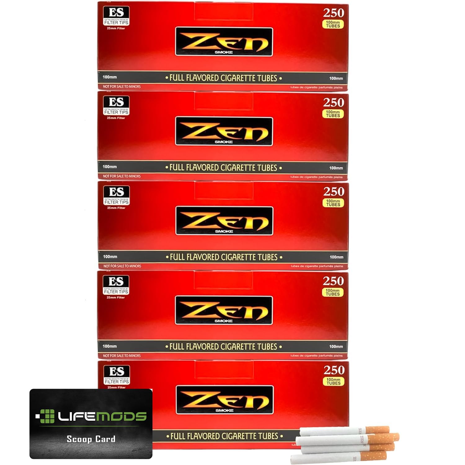 Zen Cigarette Tubes | 100mm | Full Flavor | Red | 5 Pack | 1250 Tubes | Premium Quality and Affordability - Includes LifeMods Scoop Card for Effortless Material Handling