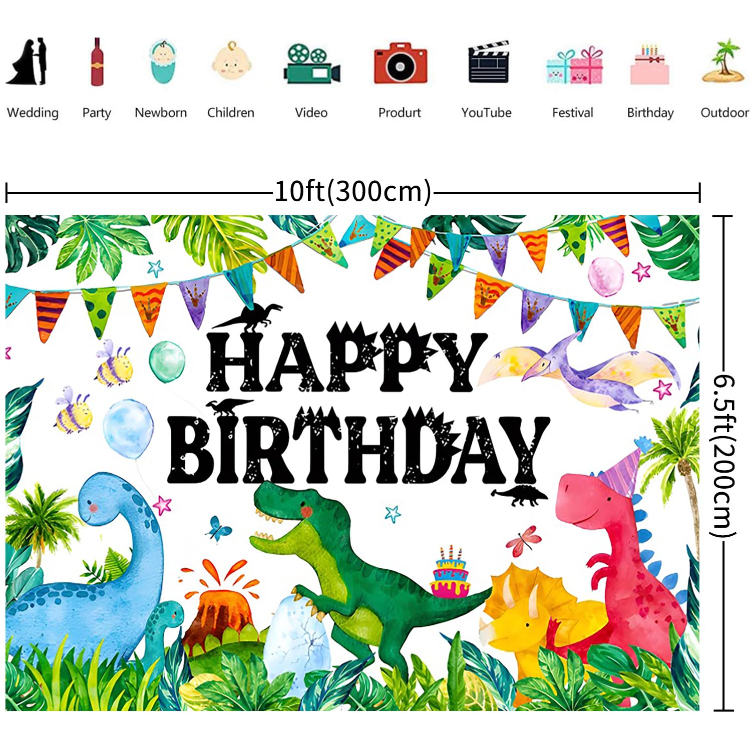 3x2m Telón de Fondo Dinosaurio de Dibujos Animados de Acuarela de la Selva de Dinosaurios Foto Feliz Cumpleaños Fotografía de Fondo Niños Niñas Dino Tema Cumpleaños Decoraciones