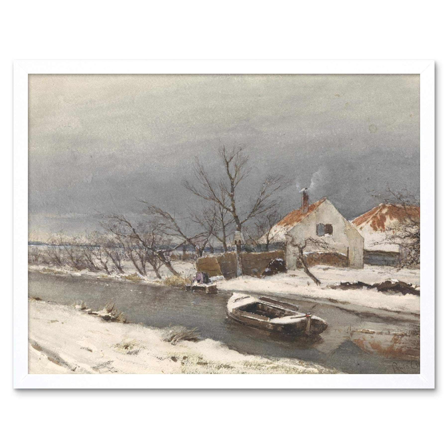 Artery8 Louis Apol Winter Landscape Houses Canal Painting Art Print Framed Poster Wall Decor 12x16 inch