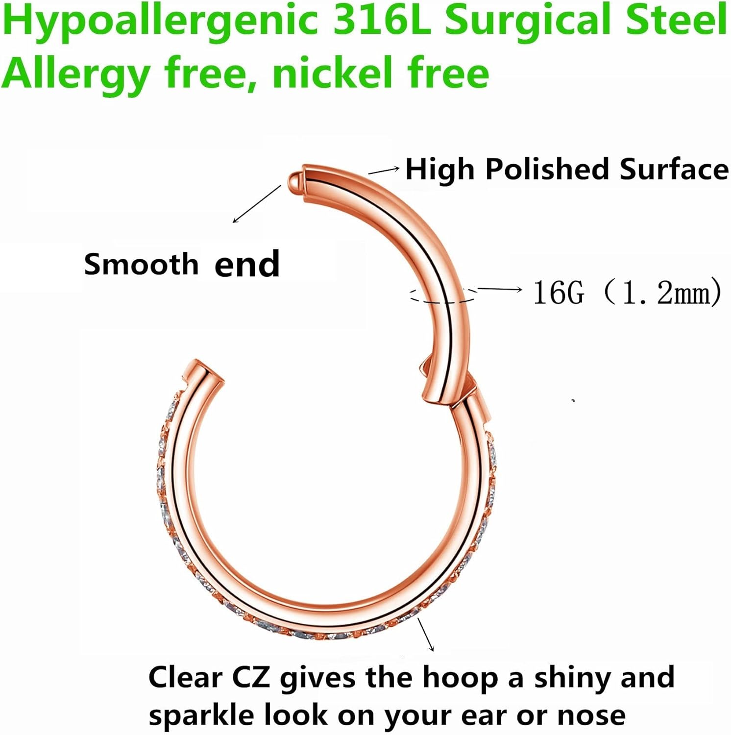 Clear CZ Nose Rings & Earrings - 316L Surgical Steel - Cartilage, Conch, Daith, Helix, Rook, Tragus, Lobe & Snug Body Piercing Jewelry - 20G, 18G - Image 3