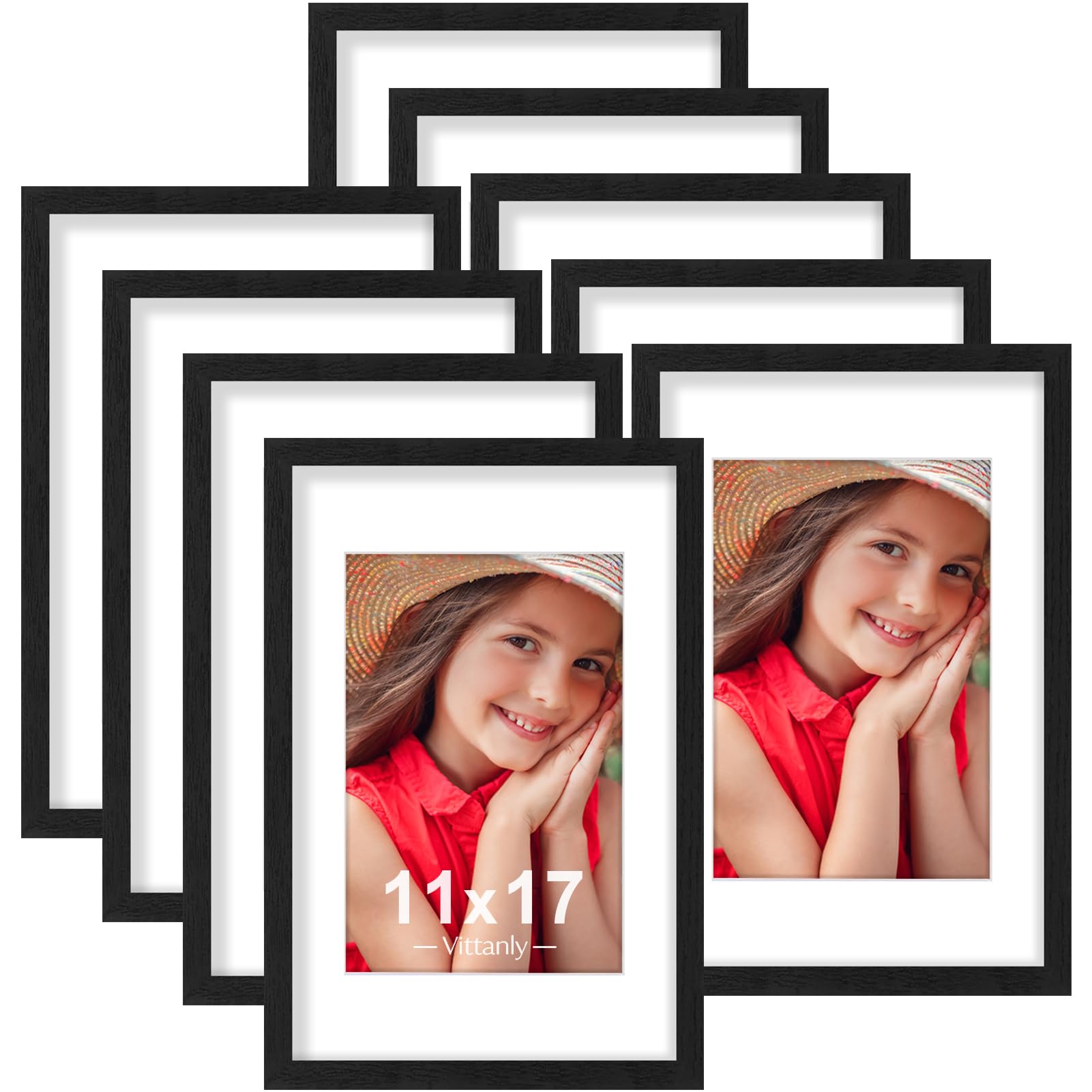Vittanly 11x17 Picture Frames Set of 9, Shatter Resistant Plexiglass, Display 8x12 Pictures with Mat or 11x17 without Mat, Photo Frames for Wall Mount